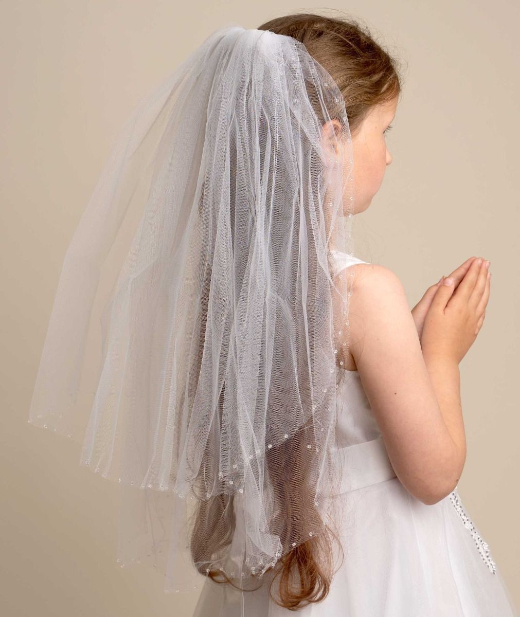 Girls' White Embellished Edge Layered Tulle Veil - VL131