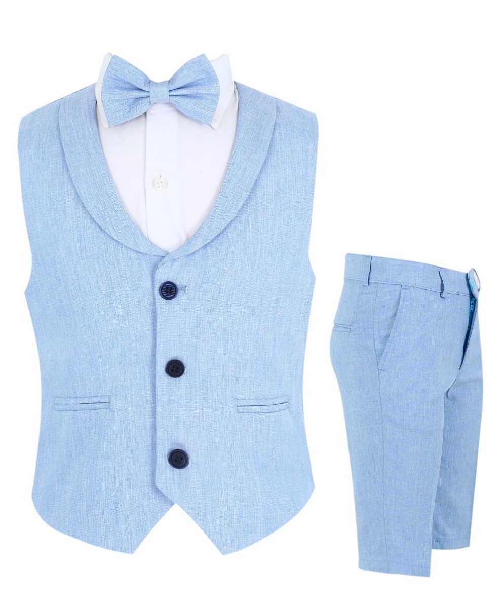 Boys Linen Waistcoat Suit Set  - Light Blue