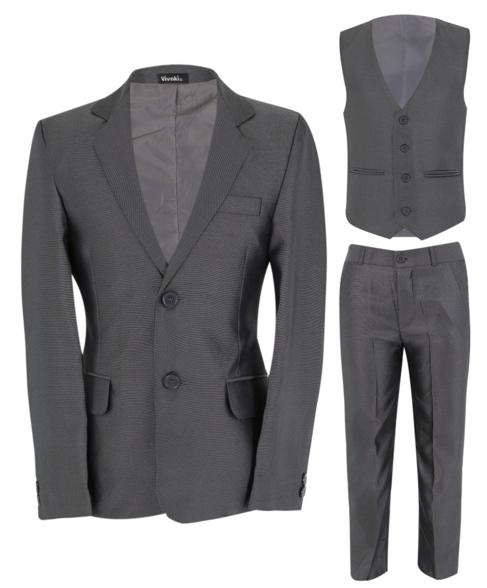Boys Formal Suit with Patterned Waistcoat and Tie Set - Silver