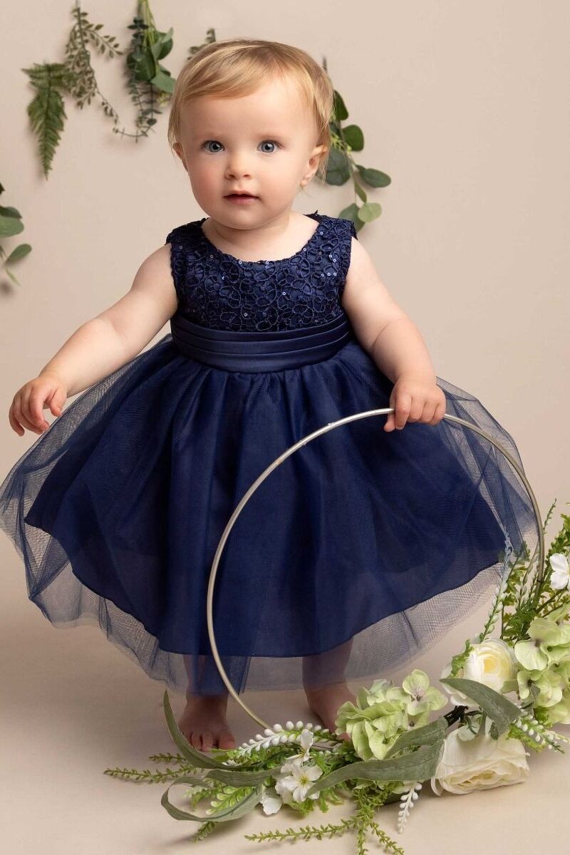 Baby Girls Dress with Floral Bodice & Bow - PC-1025 - Navy Blue