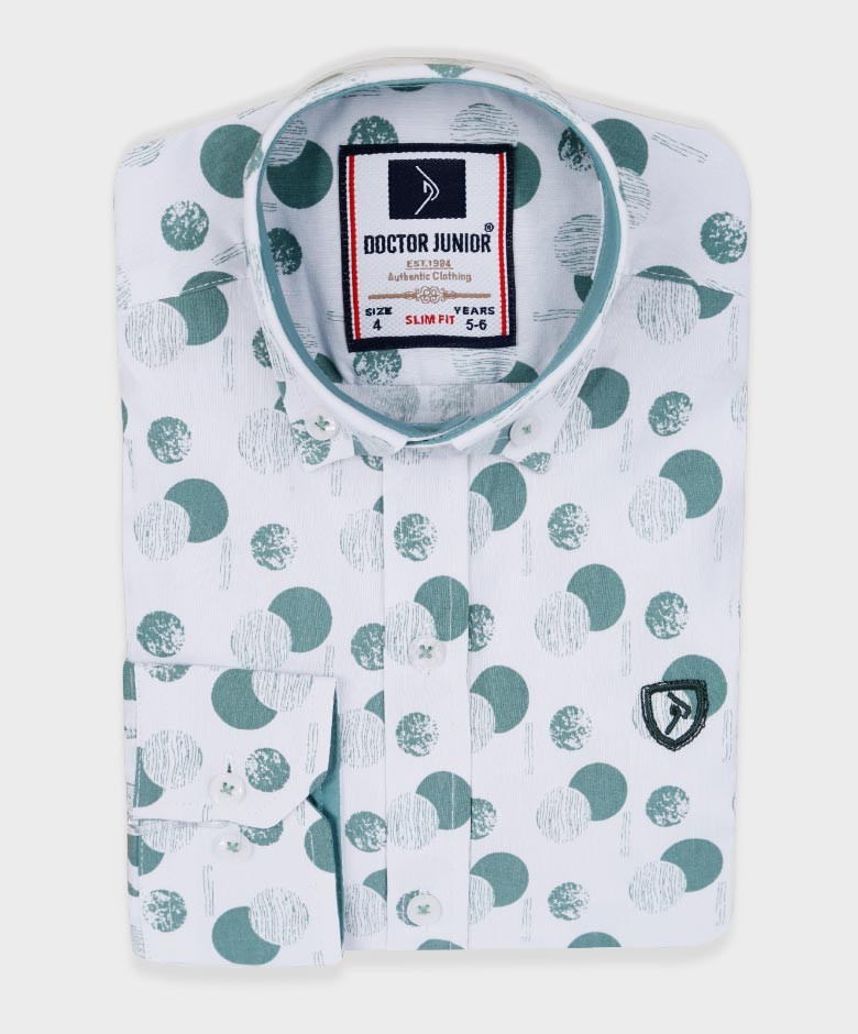 Boys Slim Fit Patterned Printed Casual Shirt - Green - White