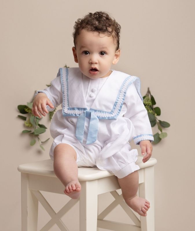 Baby Boys White Christening Romper with Hat - William