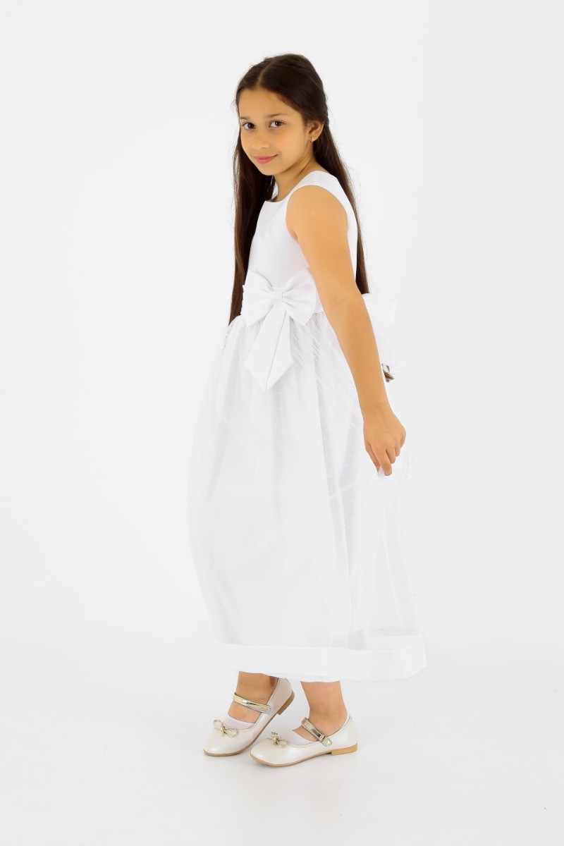 Girls Sleeveless Tulle Communion Dress - White