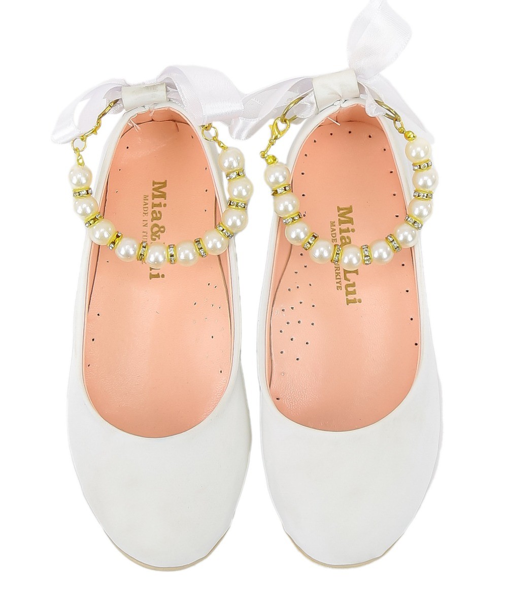 Girls Pearls Flat Mary Jane Shoes - ISABEL - White