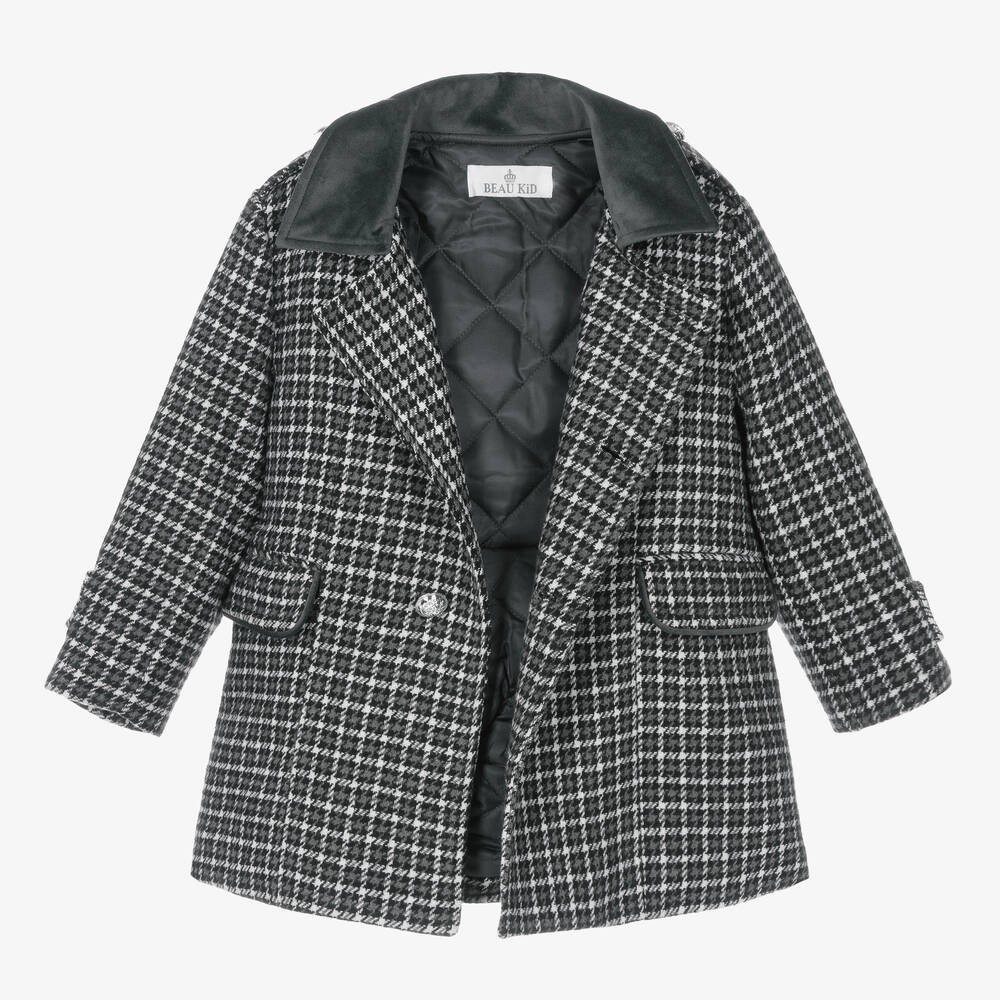 Boys Tweed Houndstooth Pea Coat with Matching Cap - Charcoal Grey