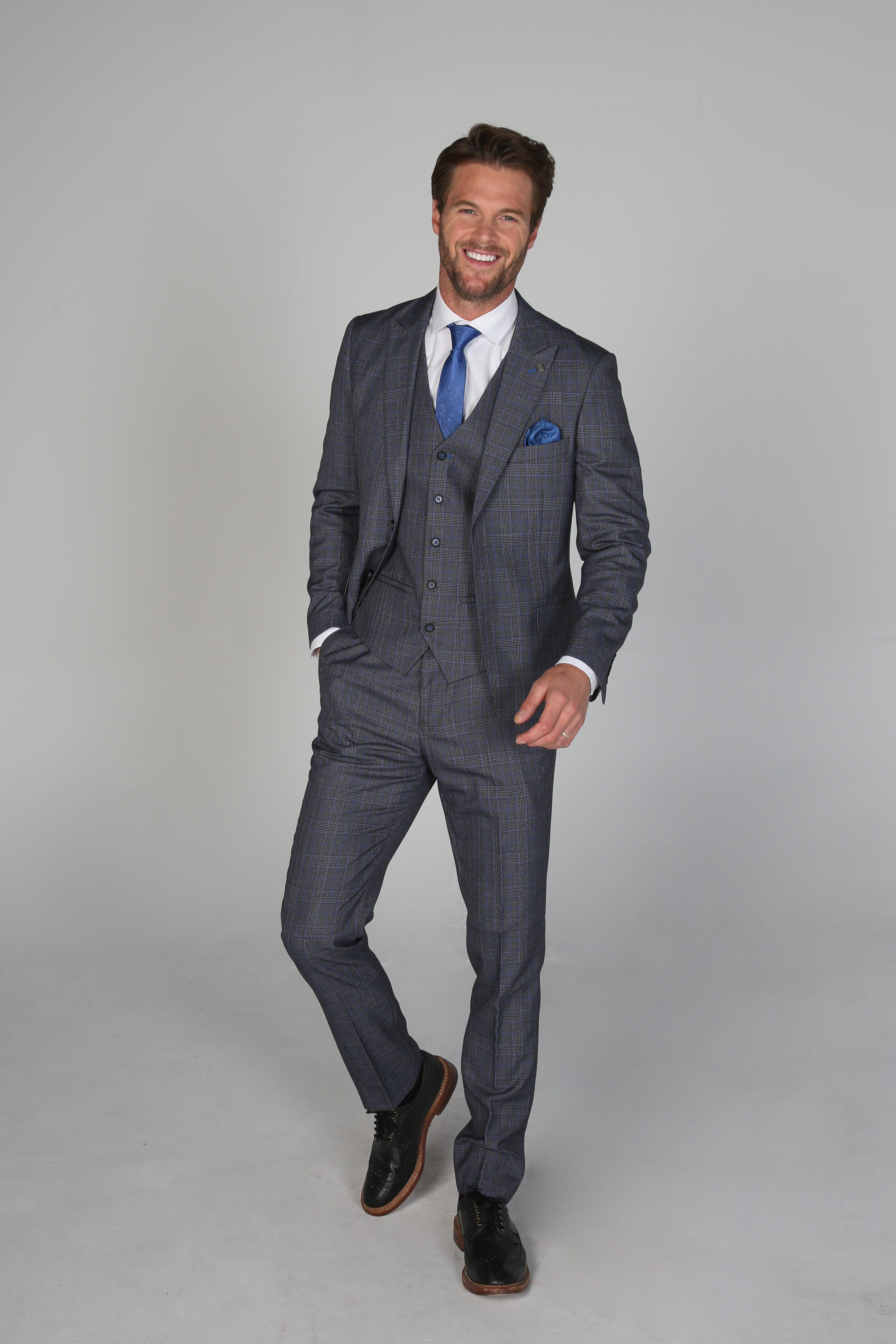 Men's Check Textured Tailored Fit Formal Suit - HENRY  - Grey - Blue
