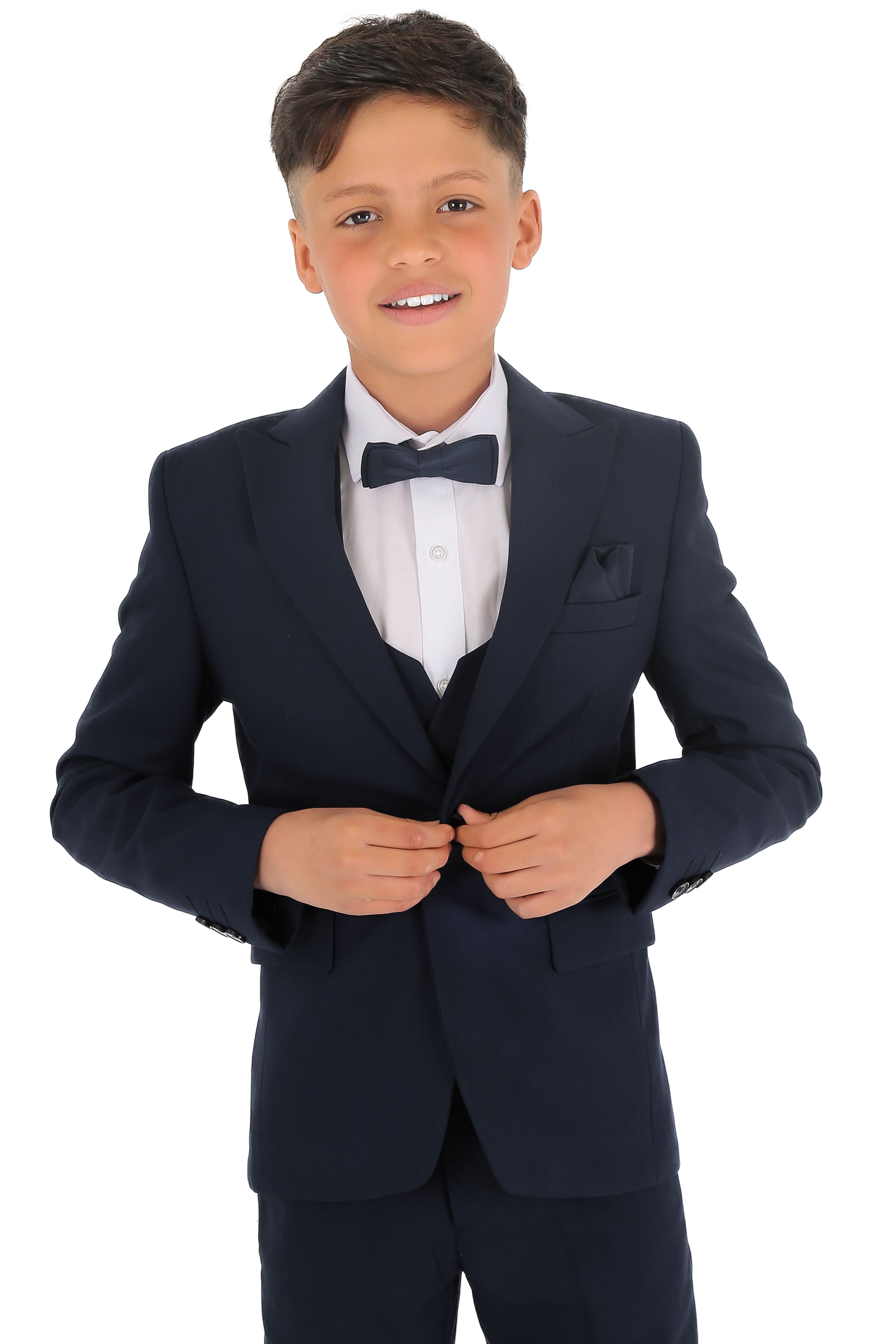 Boys Slim Fit Herringbone 8 Piece Suit Set - KING - Navy Blue