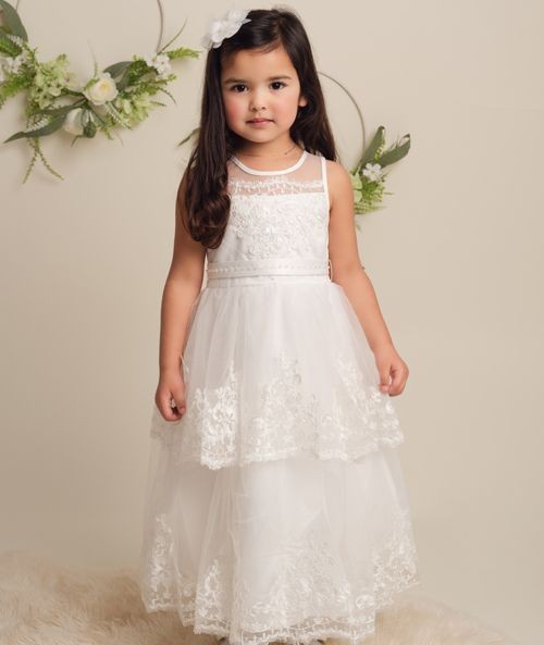 Girls Ivory Layered Lace Dress - FLORANCE