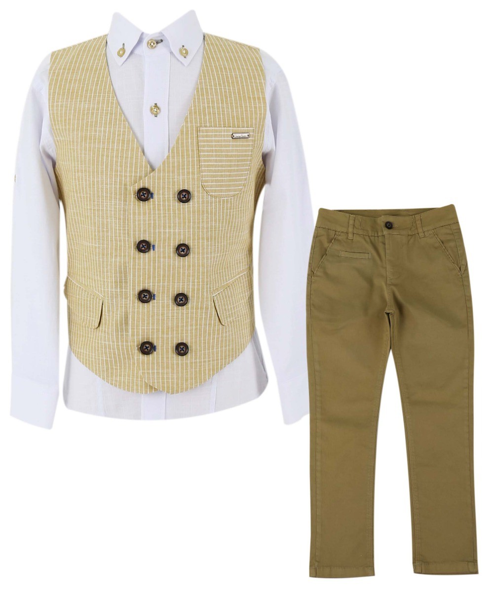 Boys Cotton Linen Pinstrip Waistcoat Suit Set - Khaki Green