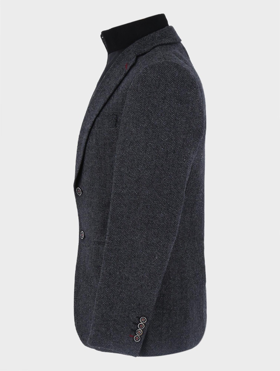 Men's Wool Herringbone Tweed Coat with Removable Zipper - Alexander