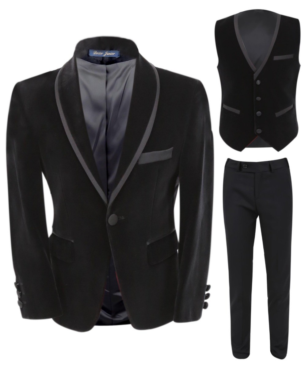 Boys Slim Fit Piping Velvet Tuxedo Suit - LONDON - Black