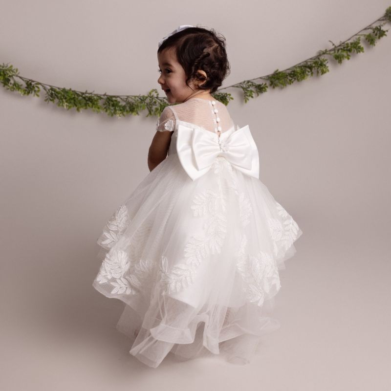 Baby Girls Leaf Lace Ivory Bow Dress - ANAYA