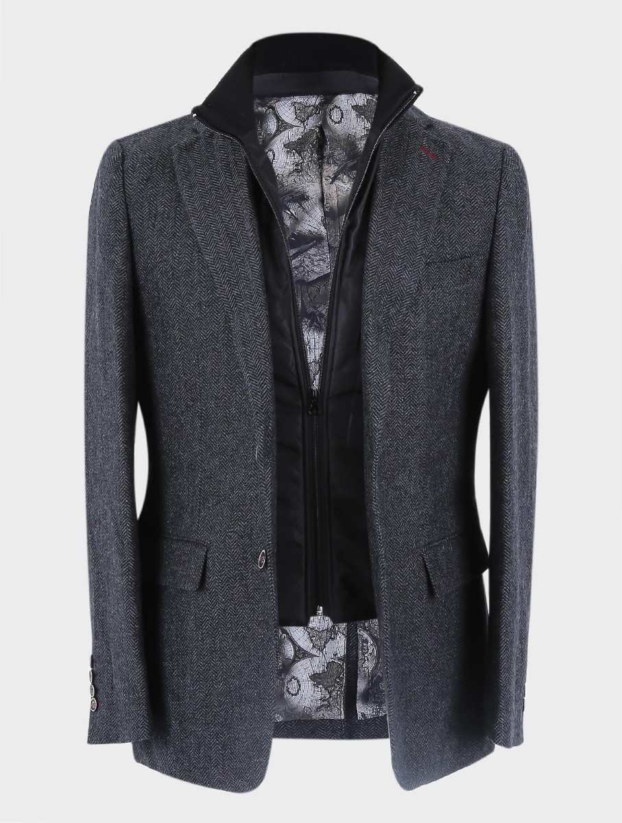 Men's Wool Herringbone Tweed Coat with Removable Zipper - Alexander
