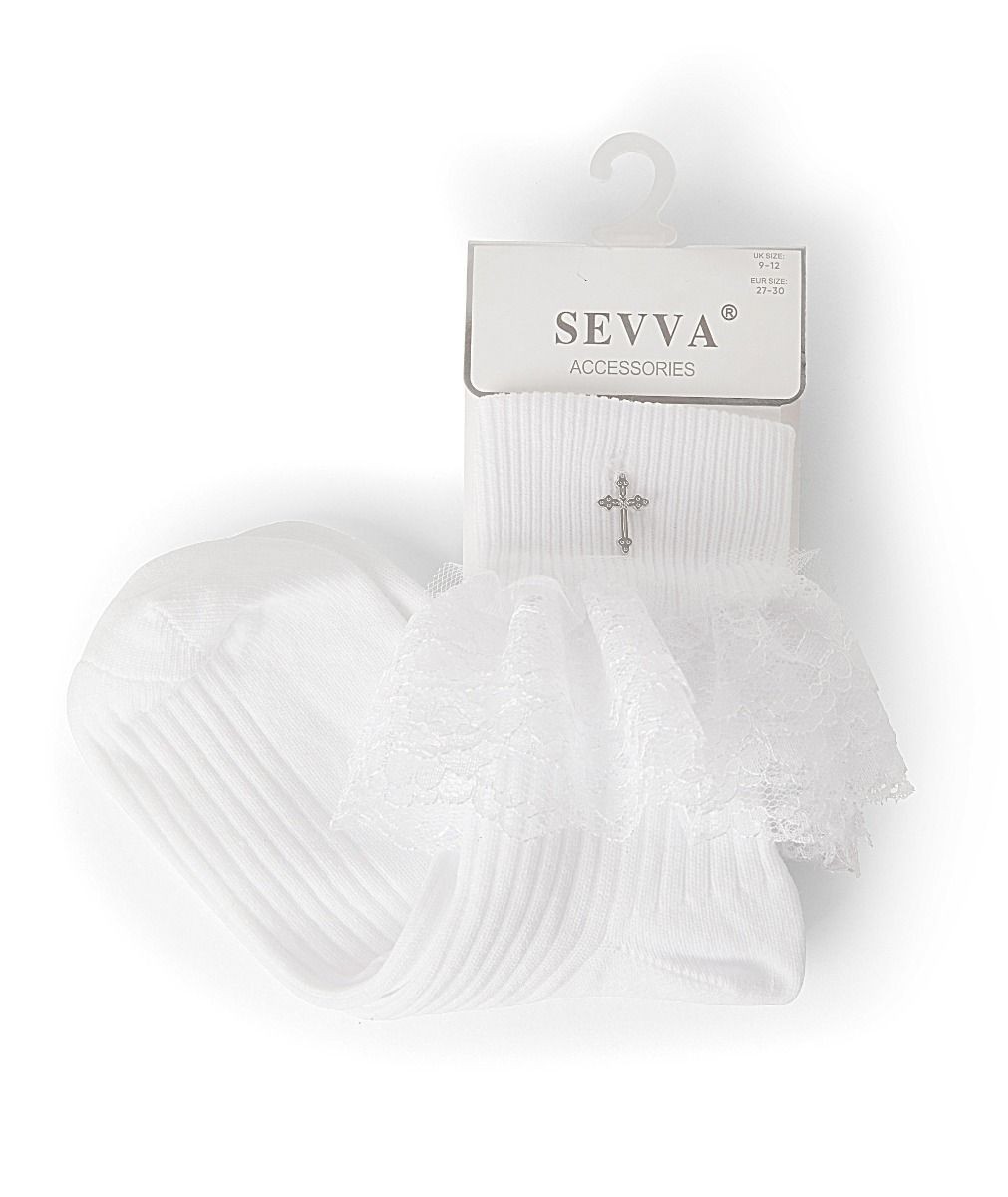 Girls' White Lace Frill Socks with Cross Charm - SILVIA