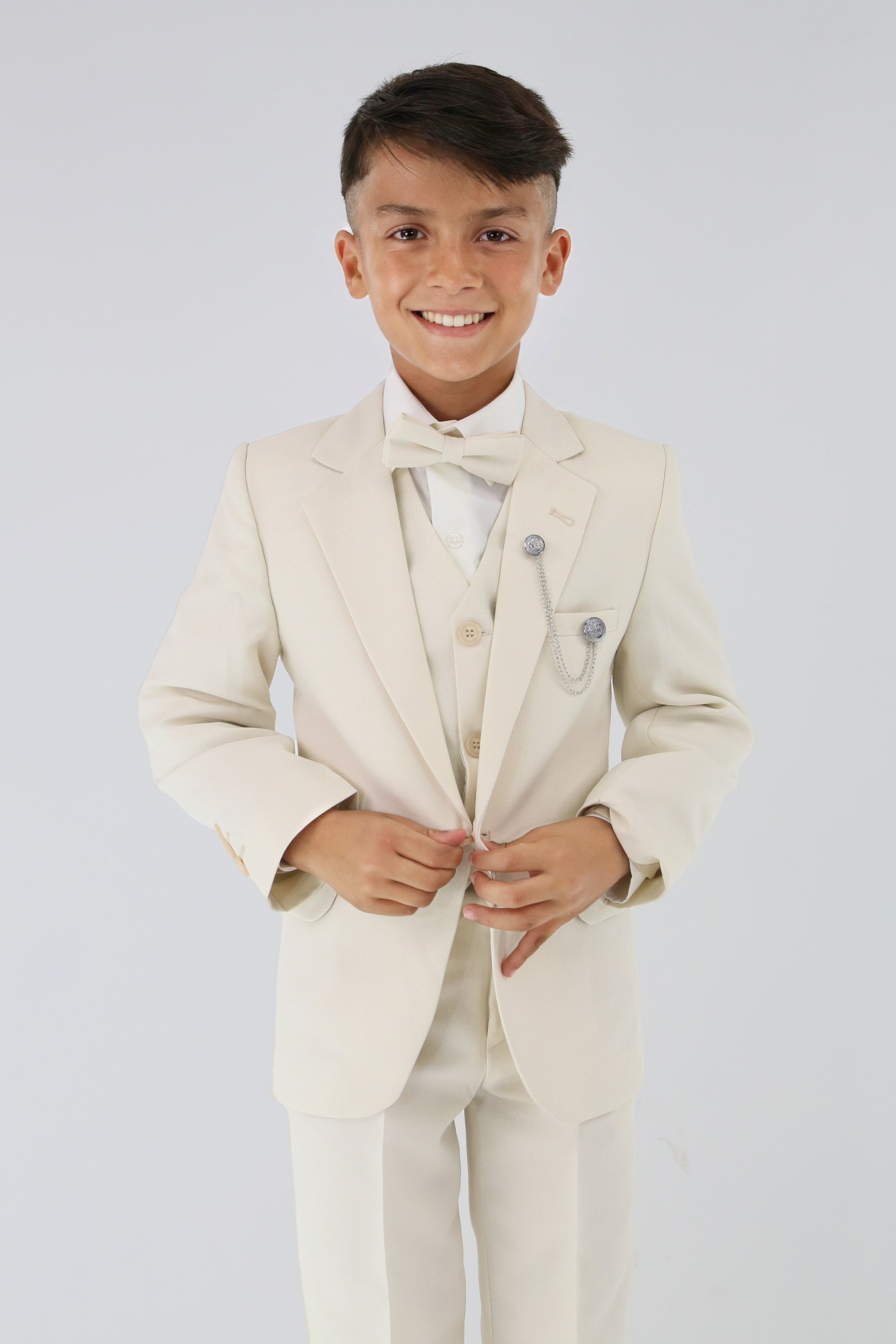 Boys Slim Fit Textured 6-Piece Formal Suit Set - Ivory