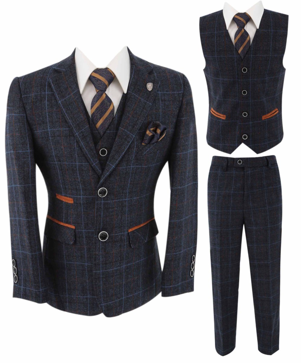 Boys Tailored Fit Retro Check Suit - ANTHONY NAVY - Navy Blue