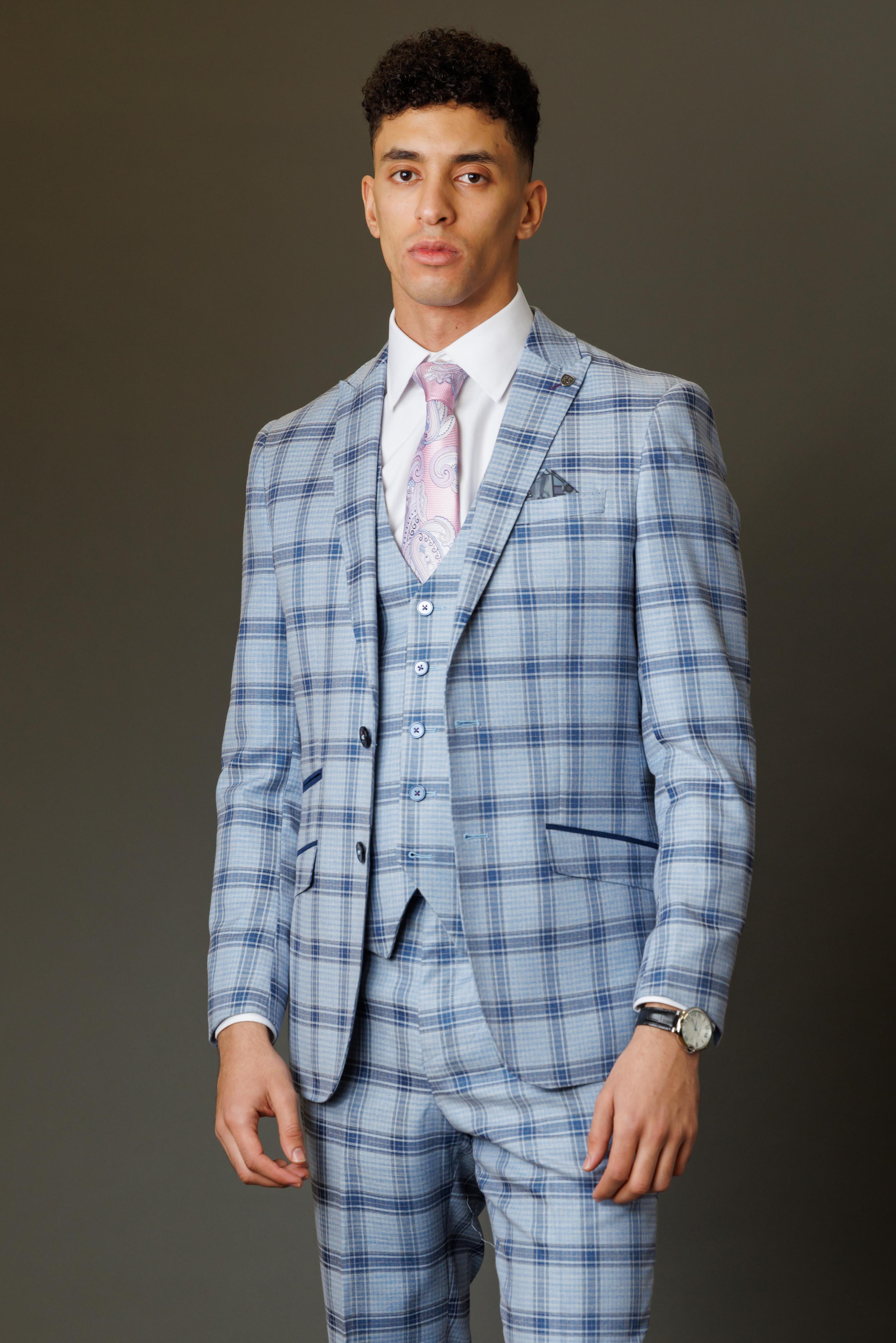 Men's Slim Fit Windowpane Check Blue Suit - BLAKE 