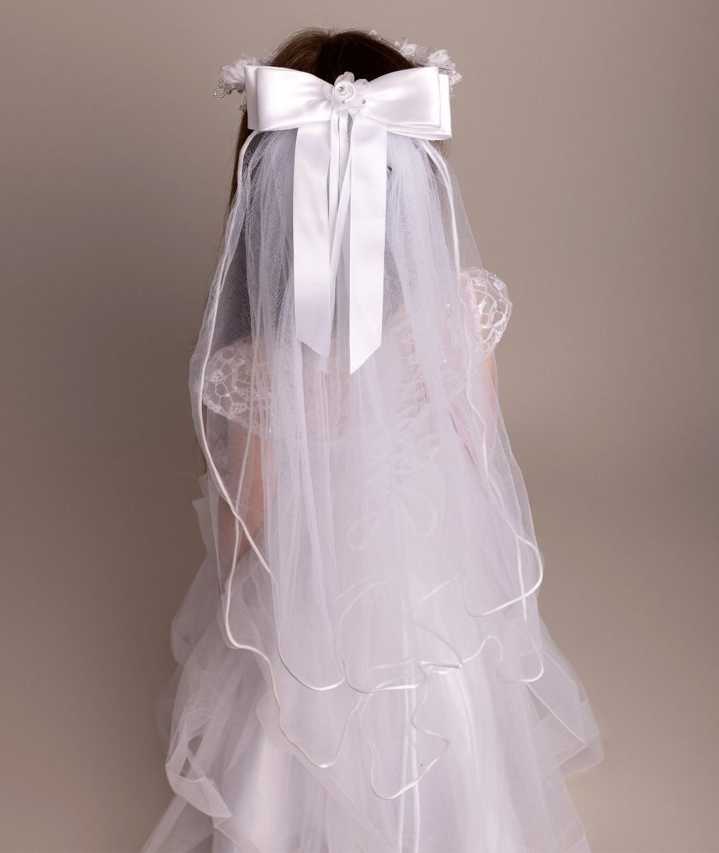 Girls White Floral Tiara & Bow Veil - CMV-2330