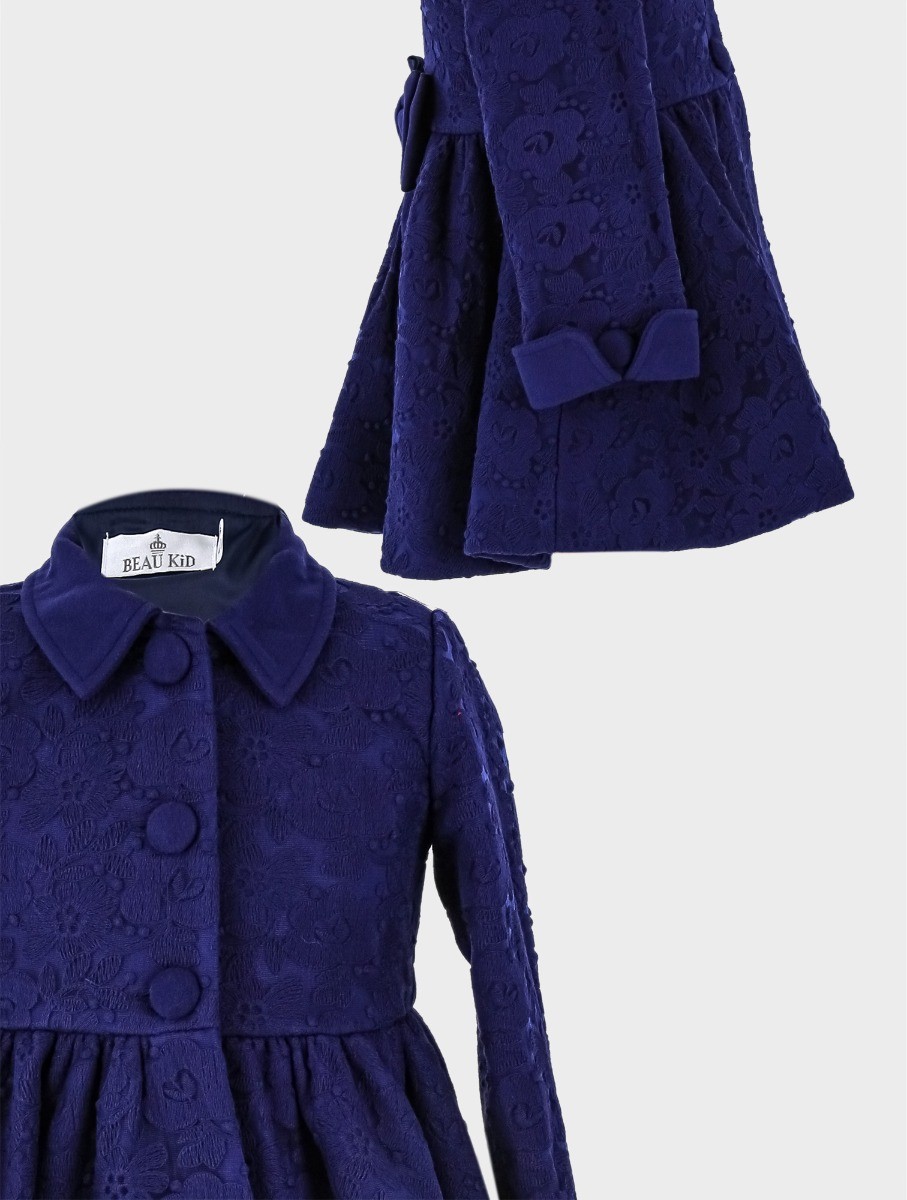 Girls Coat Floral Embroidered Lace 2 Piece Set - Navy Blue