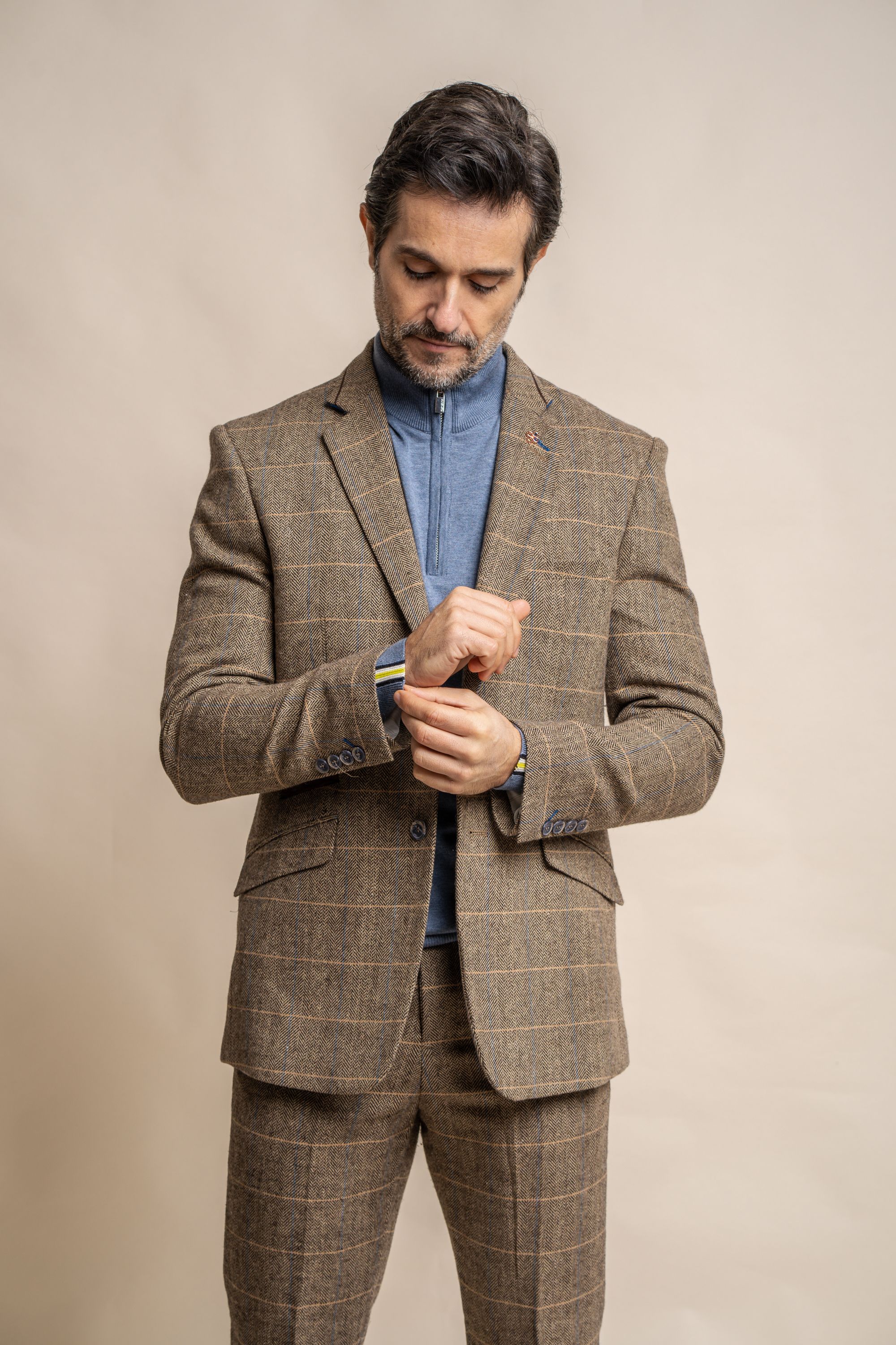 Men's Wool Blend Herringbone Check Suit Jacket - Albert  - Tan Brown