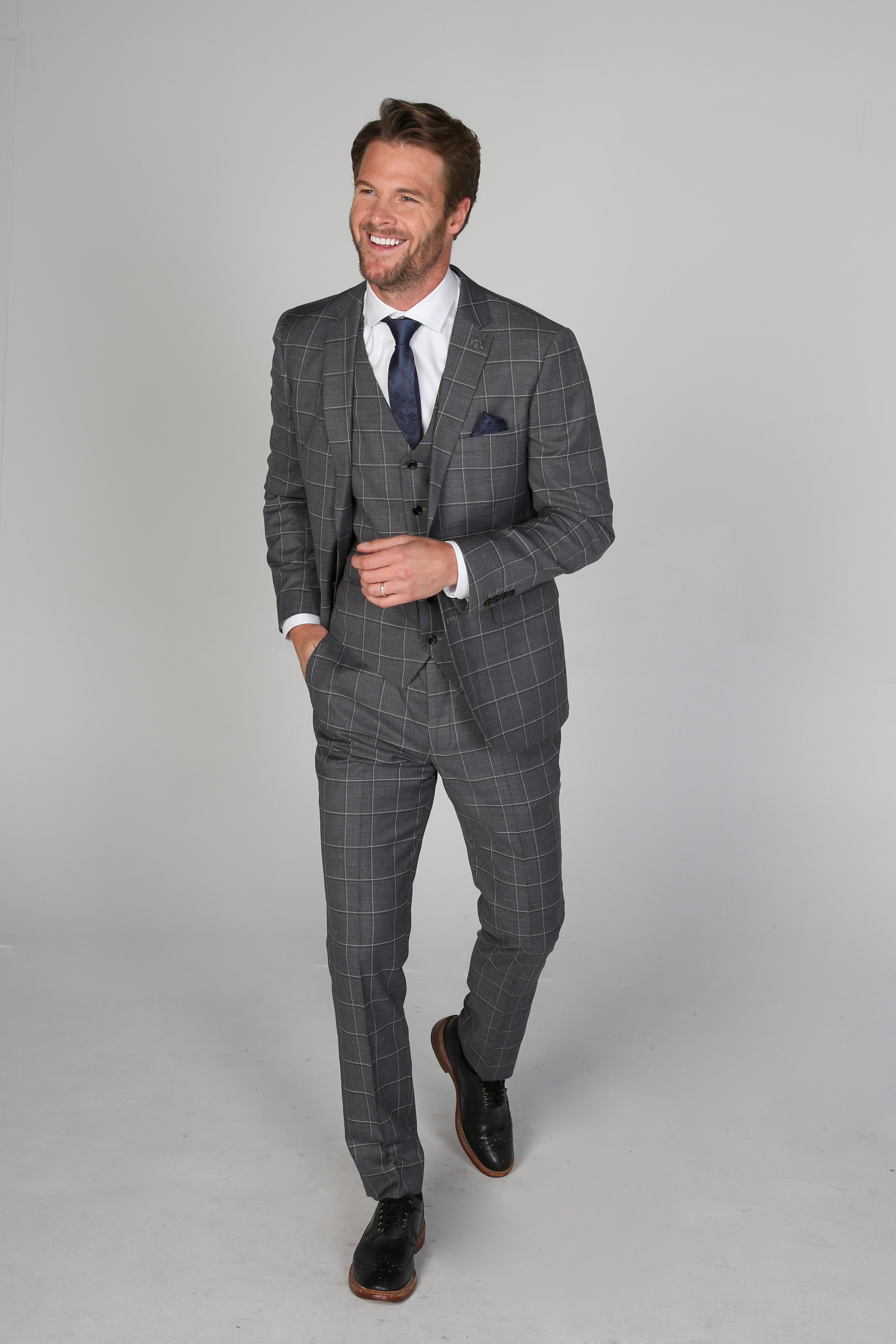 Men's Windowpane Check Tailored Fit Formal Suit - HOBBS - Grey