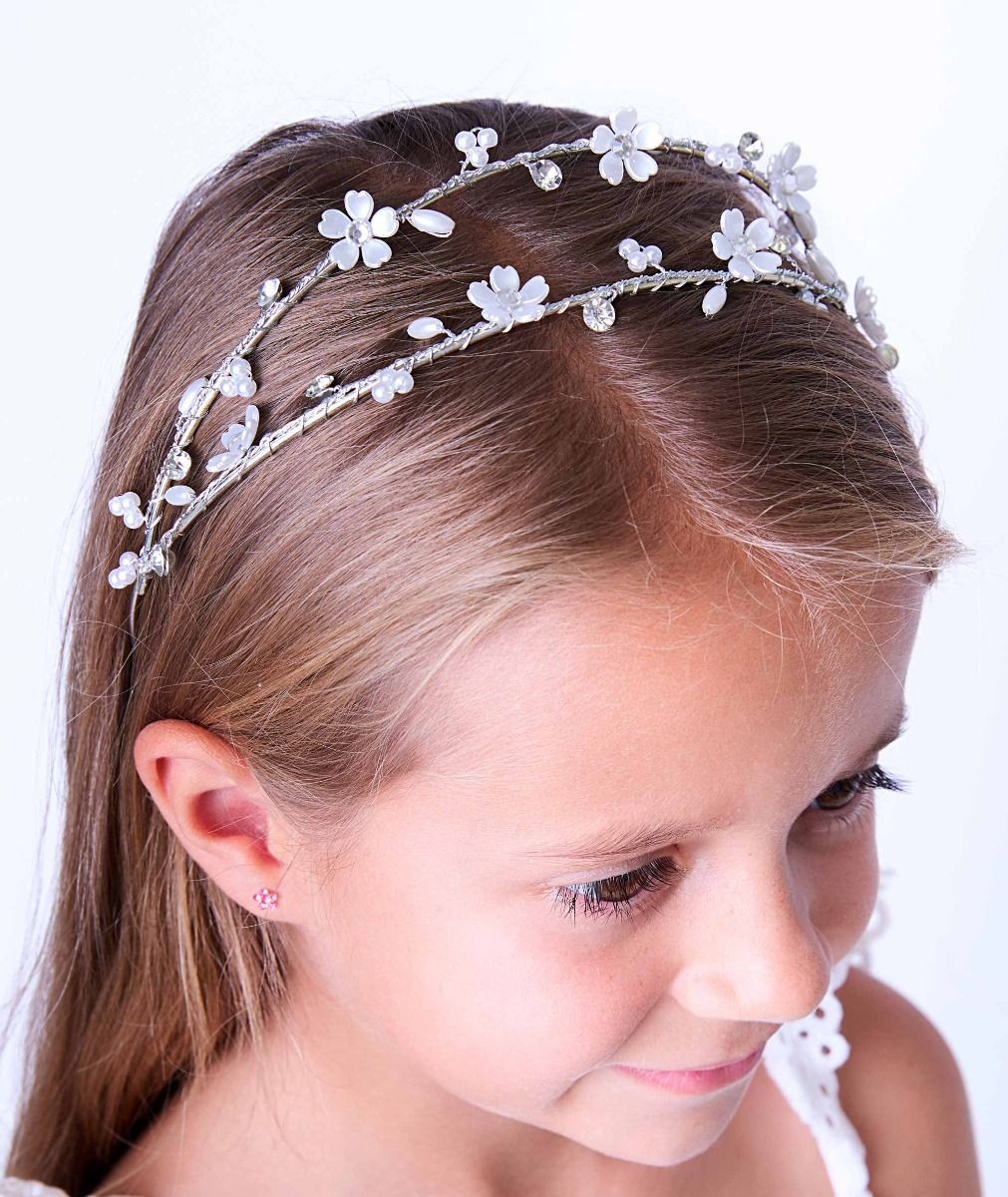 Girls’ Silver Floral Tiara Double Headband with Pearls & Crystals - Mexico 