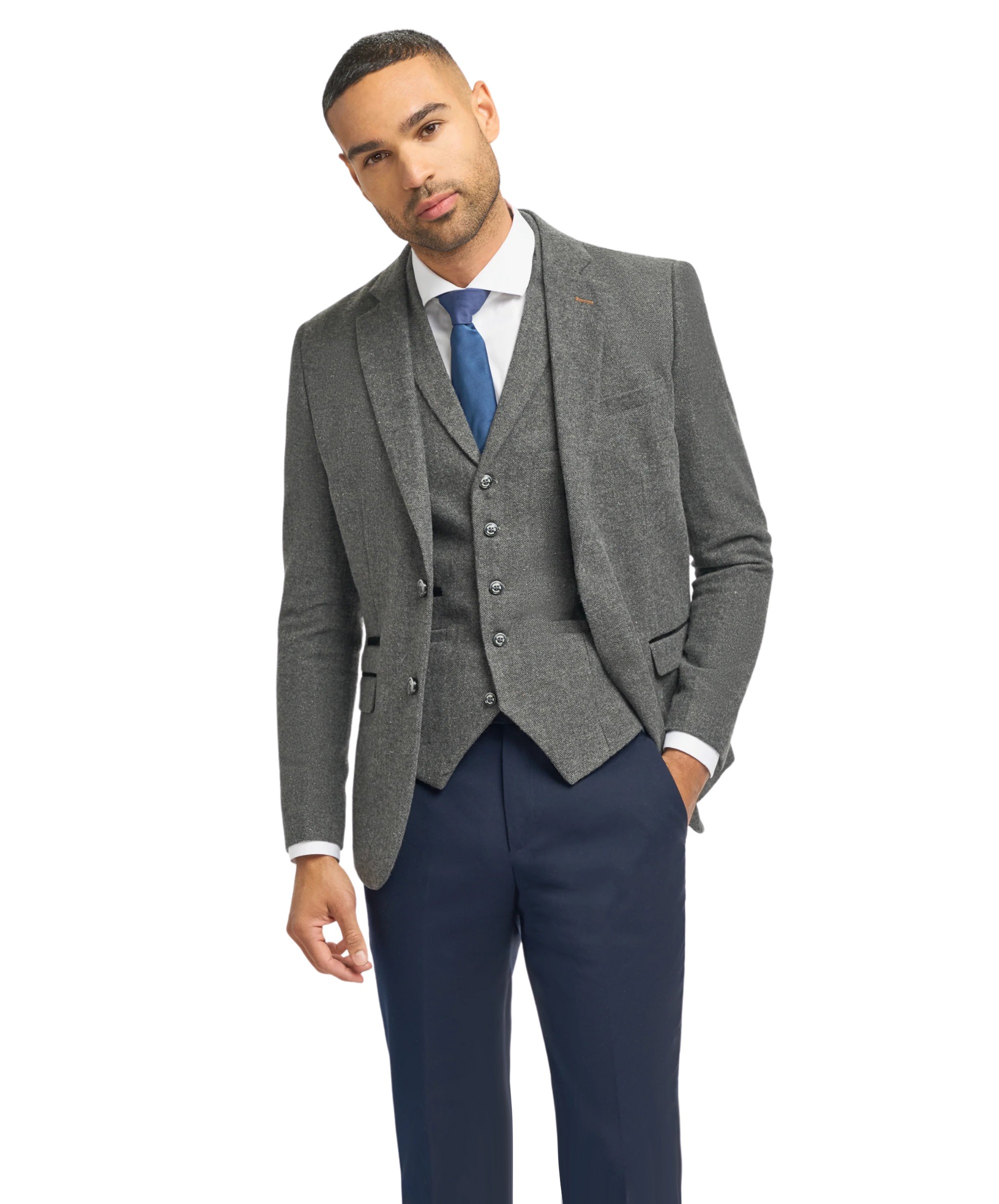 Men's Grey Herringbone Tweed Jacket and Waistcoat with Slim Fit Navy Blue Trousers