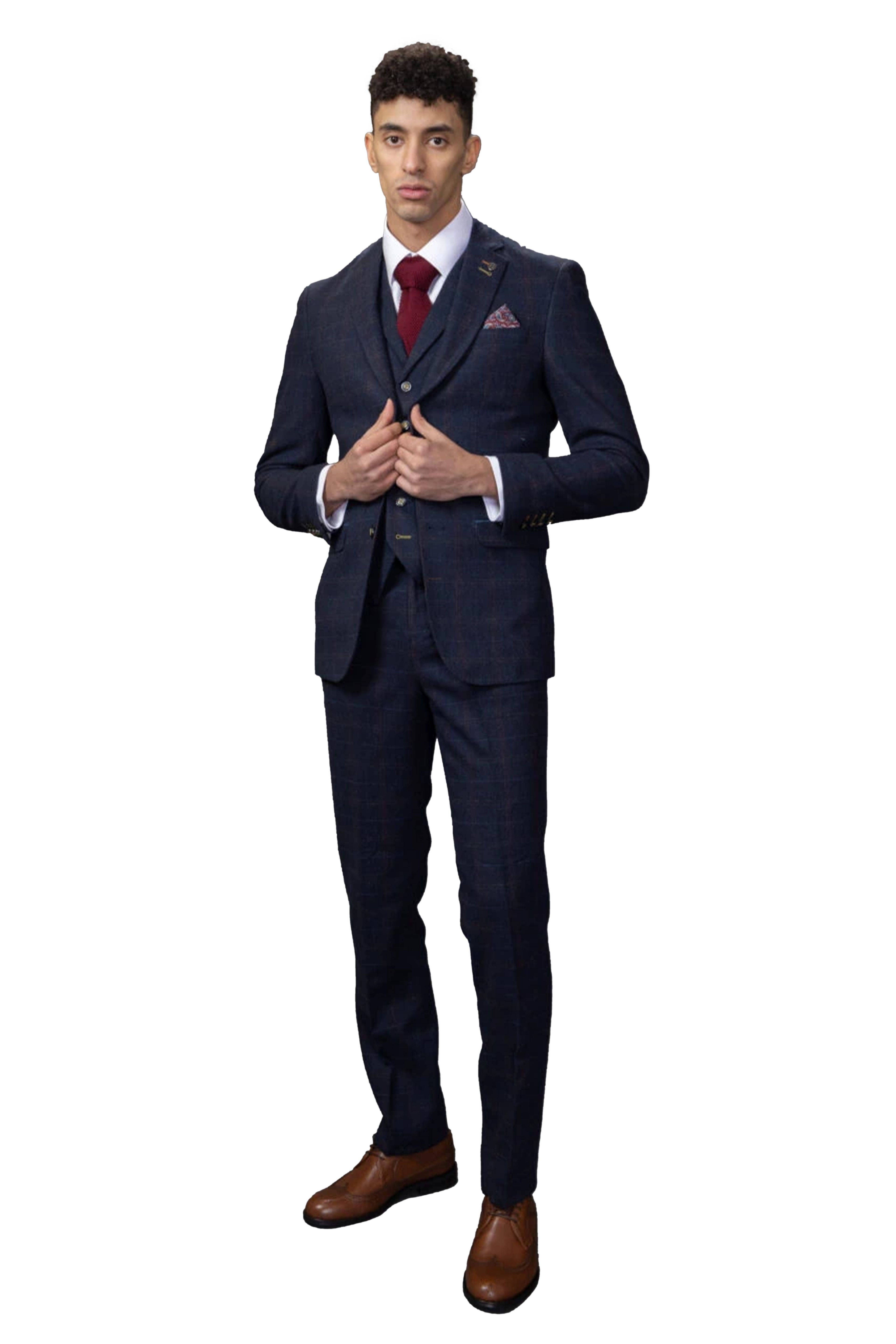 Men's Tweed Windowpane Tailored Fit Navy Suit Jacket  - RYAN