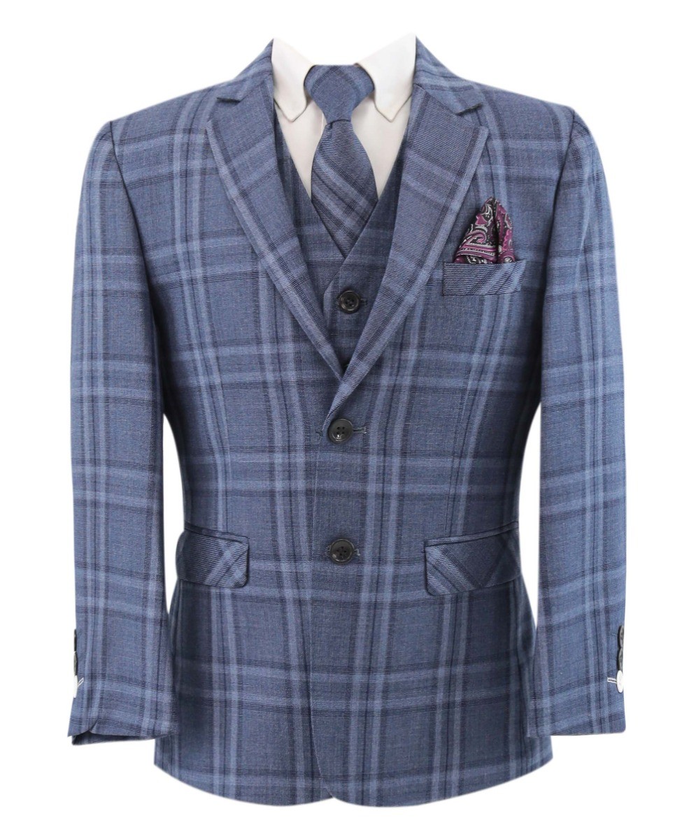 Boys Tailored Fit Plaid Check Blue Suit Set - JOSEPH