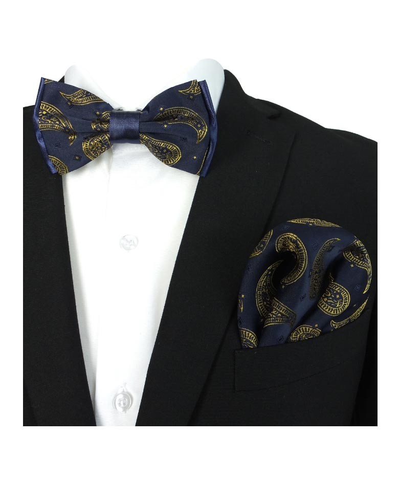 Boys & Men's Paisley Bow Tie and Hanky Set - Navy Blue and Gold