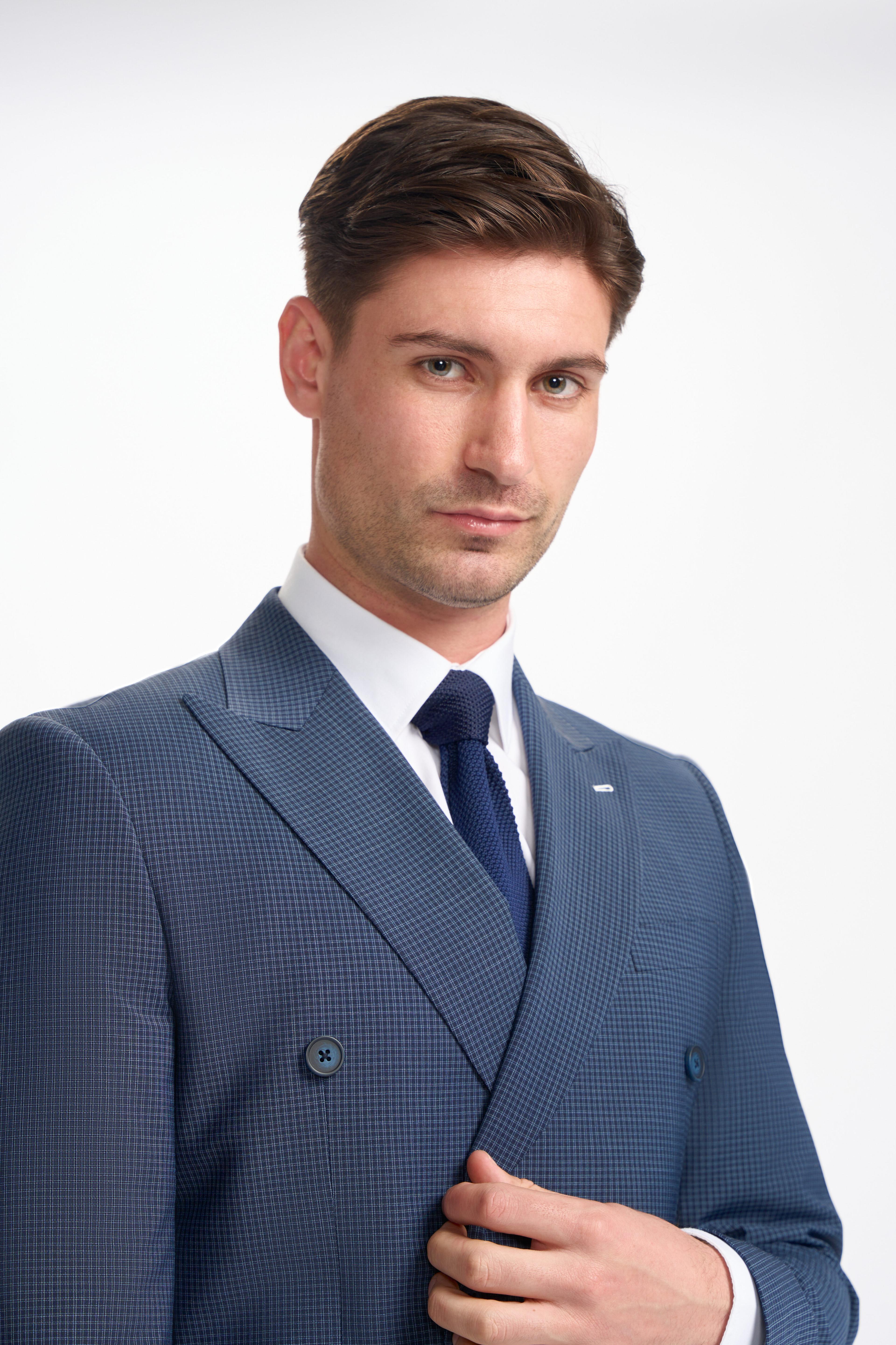 Men’s Double-breasted Check Navy Suit – BOND D/B