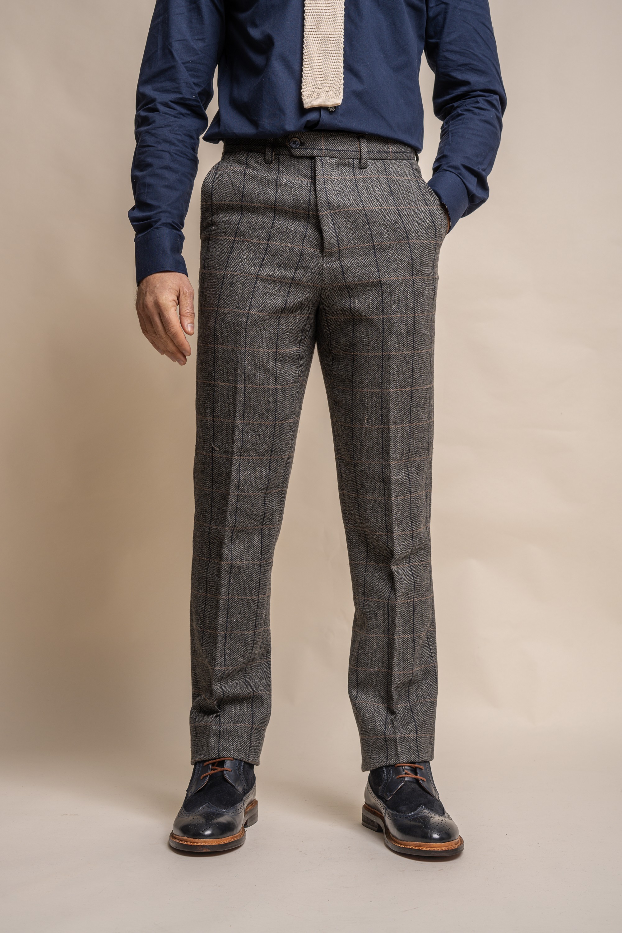 Men's Wool Blend Herringbone Check Trousers - Albert 