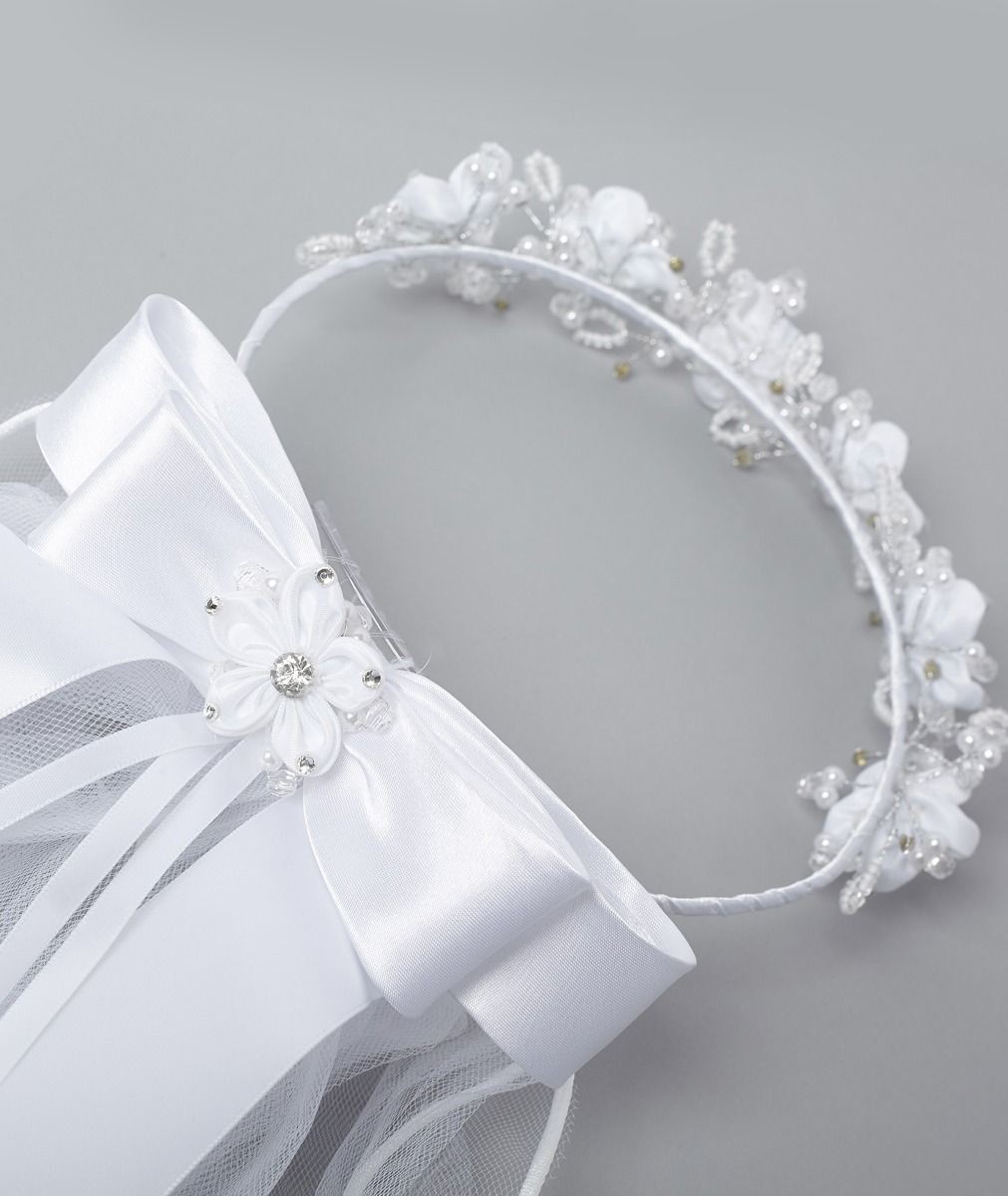 Girls' White Bow Veil with Floral Tiara – CMV 458