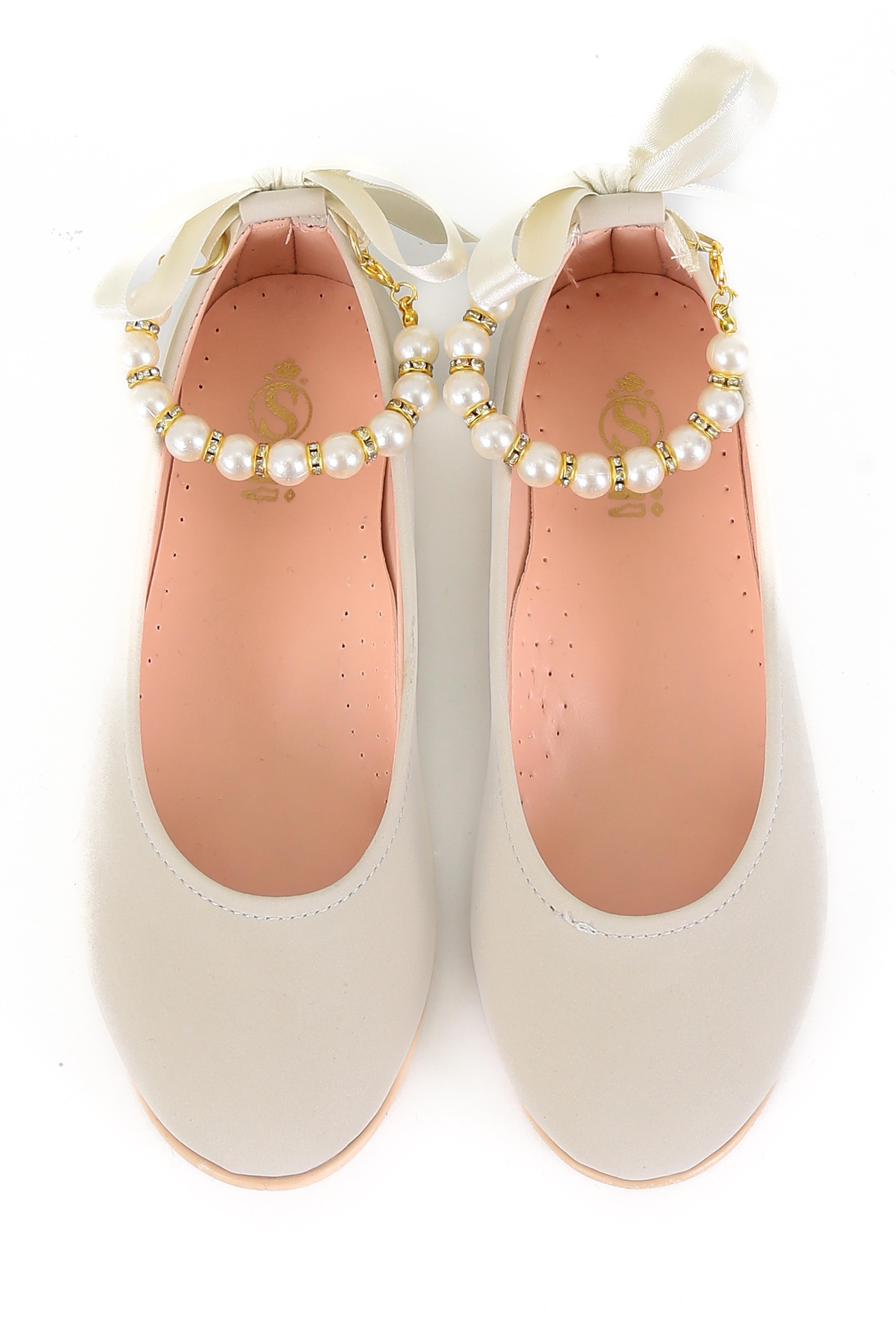 Girls Pearls Flat Mary Jane Shoes - ISABEL - Beige