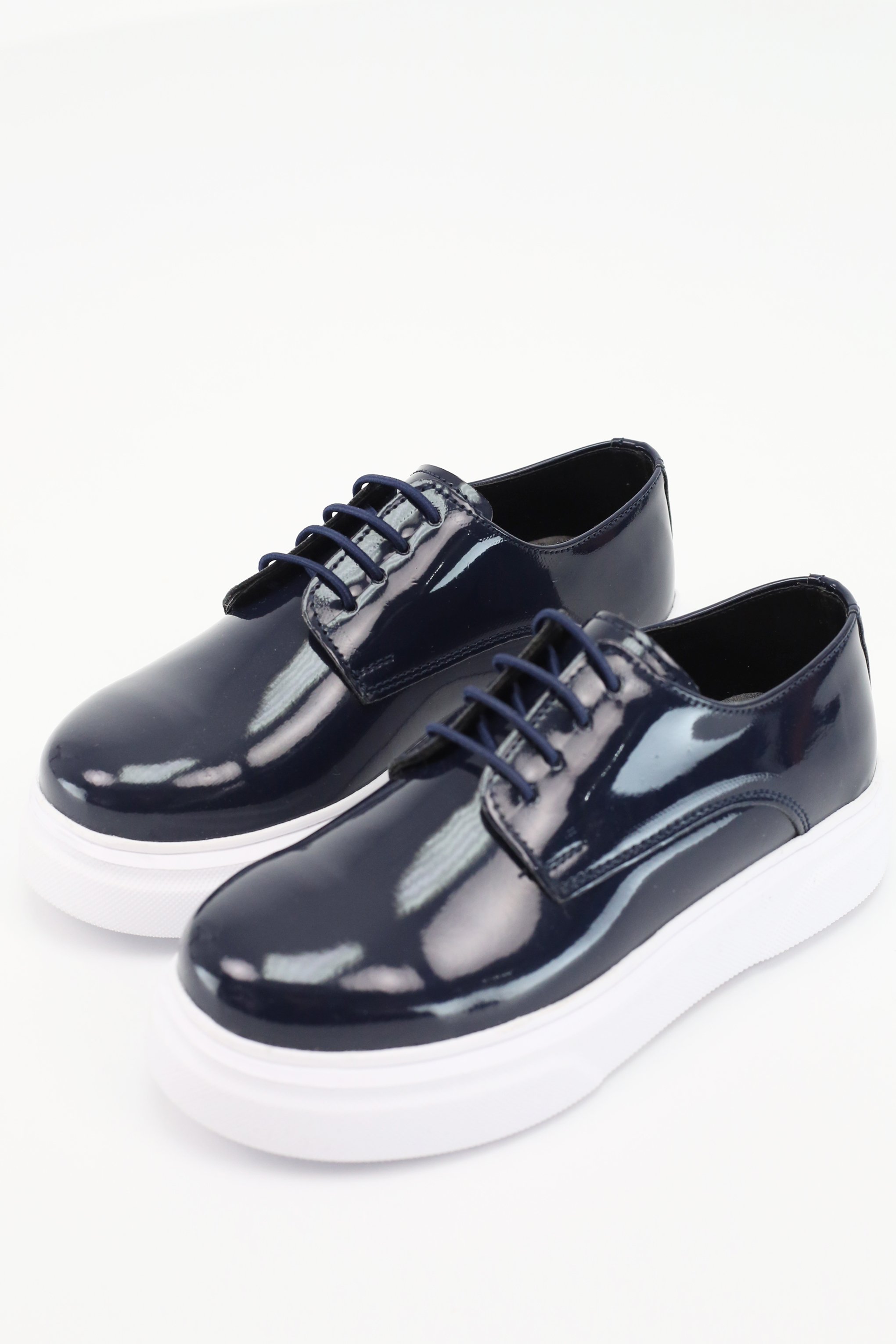 Boys Patent Black Lace-up Sneaker with White Thick Sole - Navy Blue