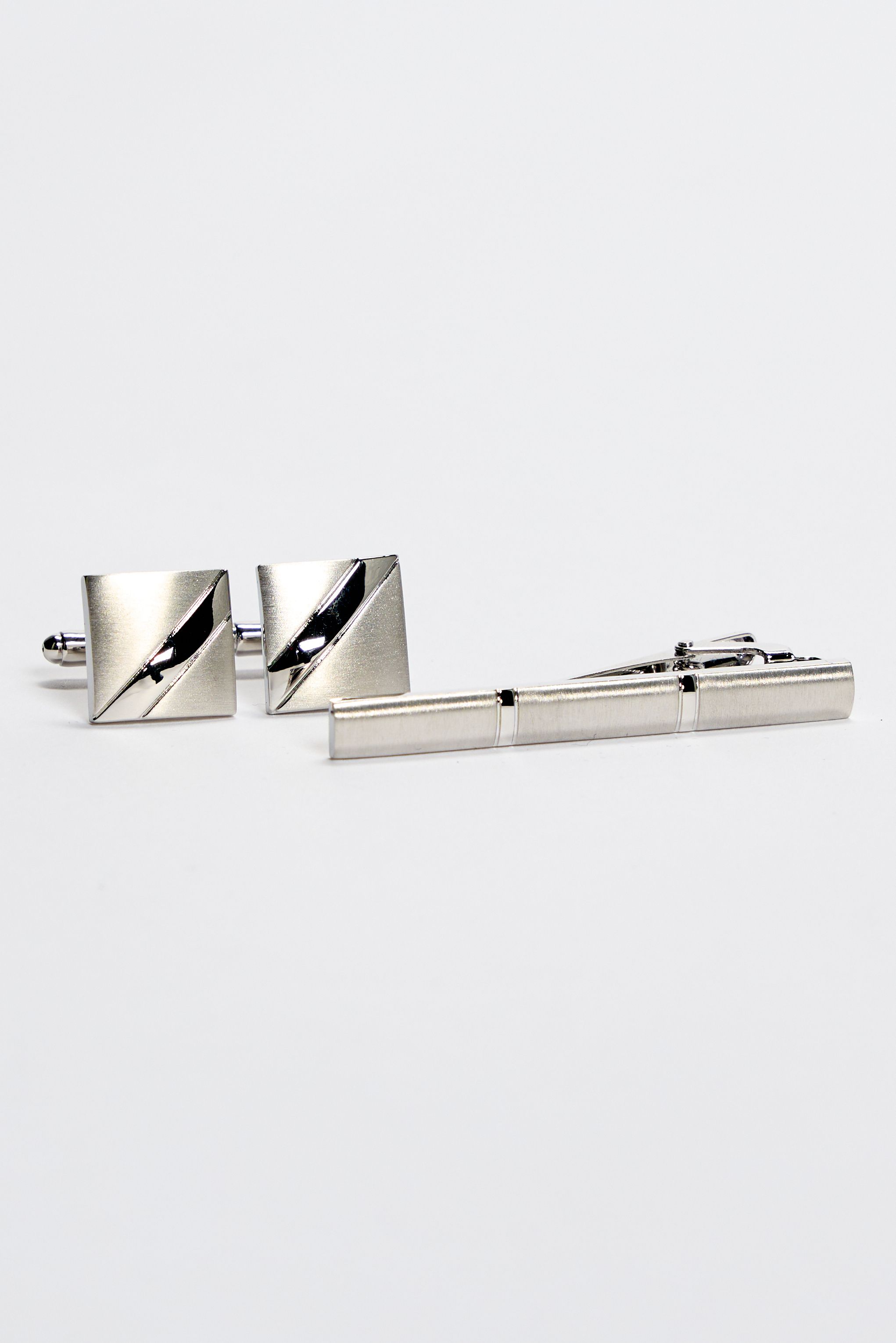 Men's Silver Rectangular Cufflinks and Tie Clip Set