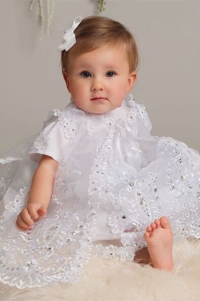 Baby Girls White Sequined Christening Dress Set - L528