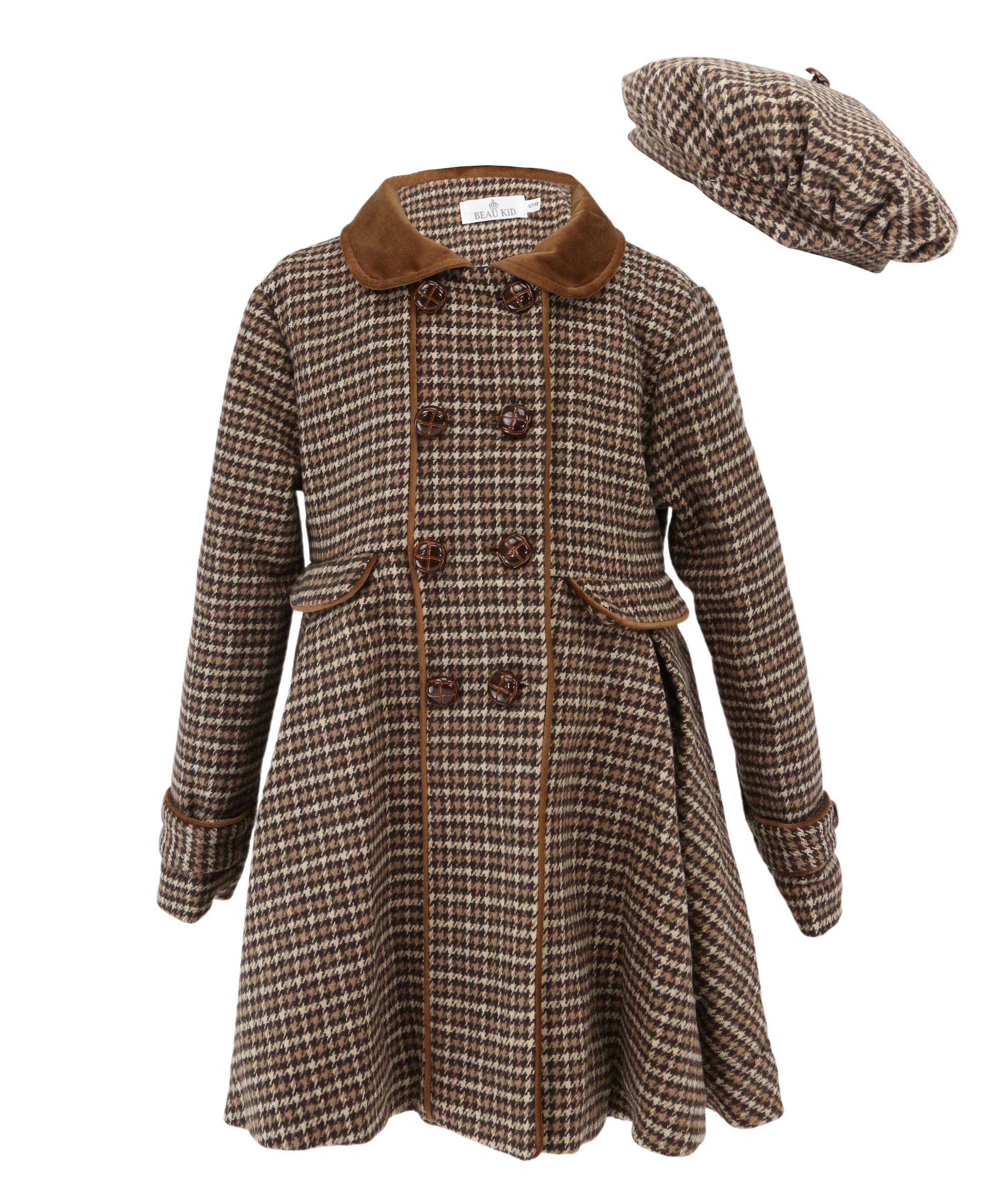 Girls Houndstooth Brown Coat & Beret Set