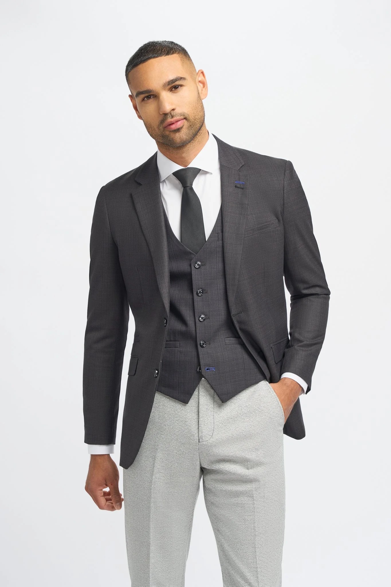 Men's Dark Grey Slim Fit Suit Jacket and Waistcoat with Light Grey Houndstooth Trousers