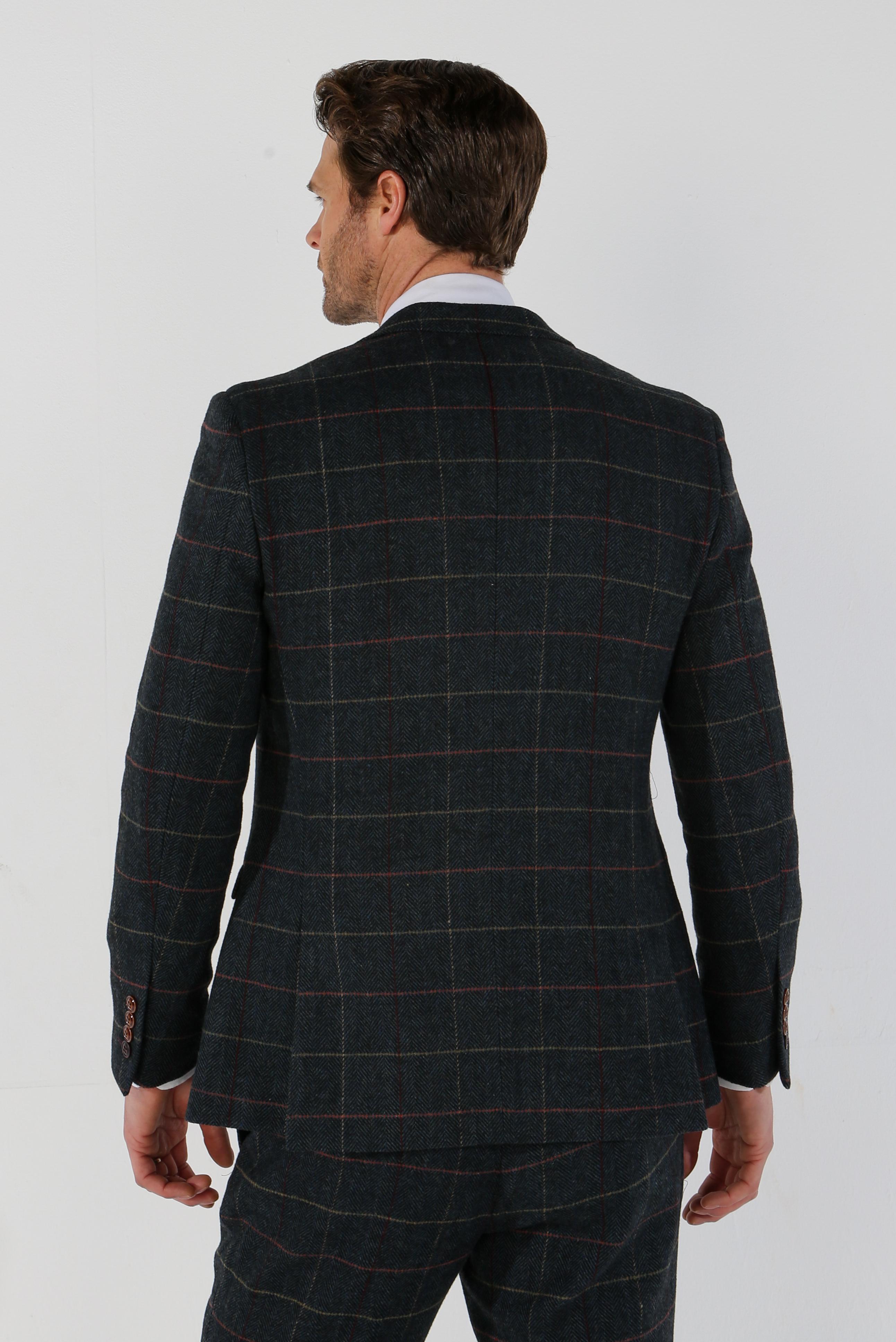 Men's Tweed Check Plaid Navy Suit Jacket - THOMAS