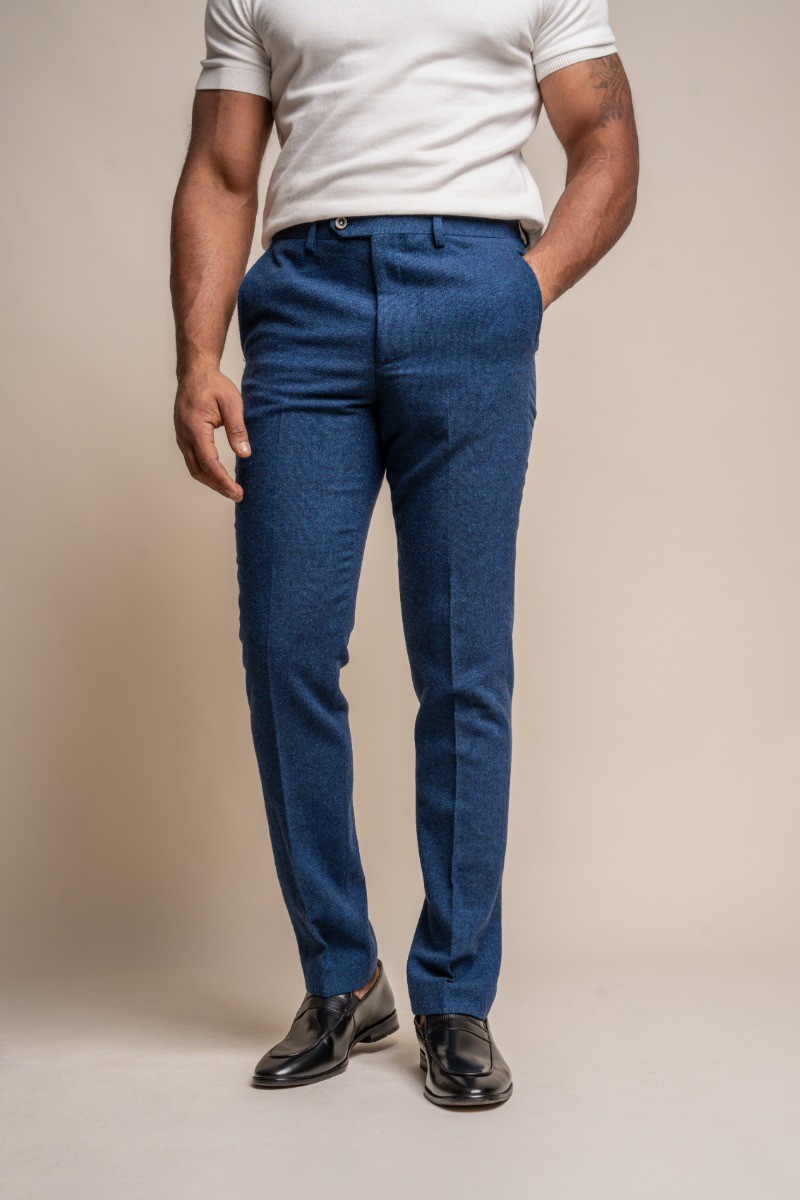Men's Tweed Wool Slim Fit Formal Blue Trousers - ORSON 