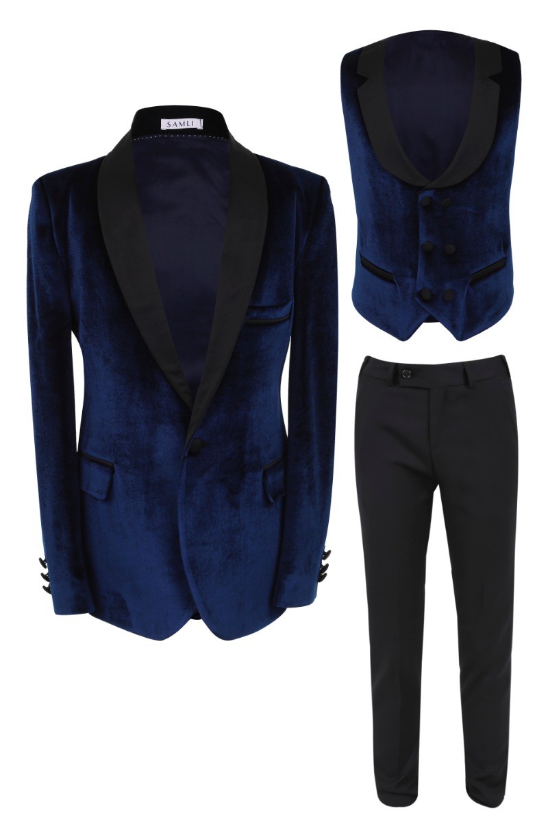 Boys Velvet Tuxedo 5 Piece Dinner Suit - Navy Blue and Black