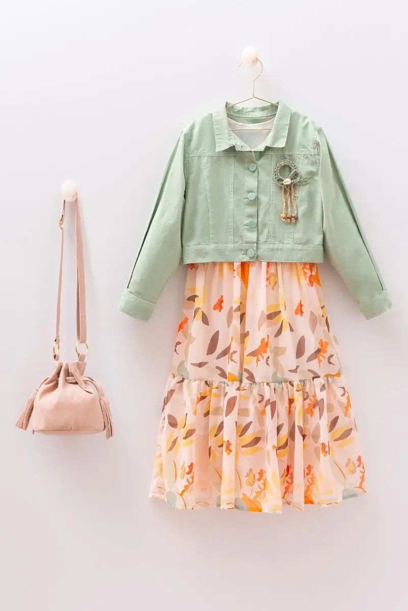 Girls Leaf Print Dress and Jacket Set - MIALIA   - Multicolored top & light Green Jacket