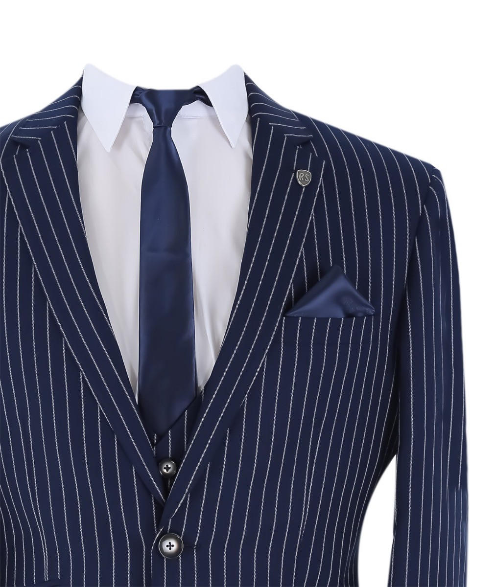 Men's Tailored Fit Pinstripe Navy Suit - MASON  - Navy Blue