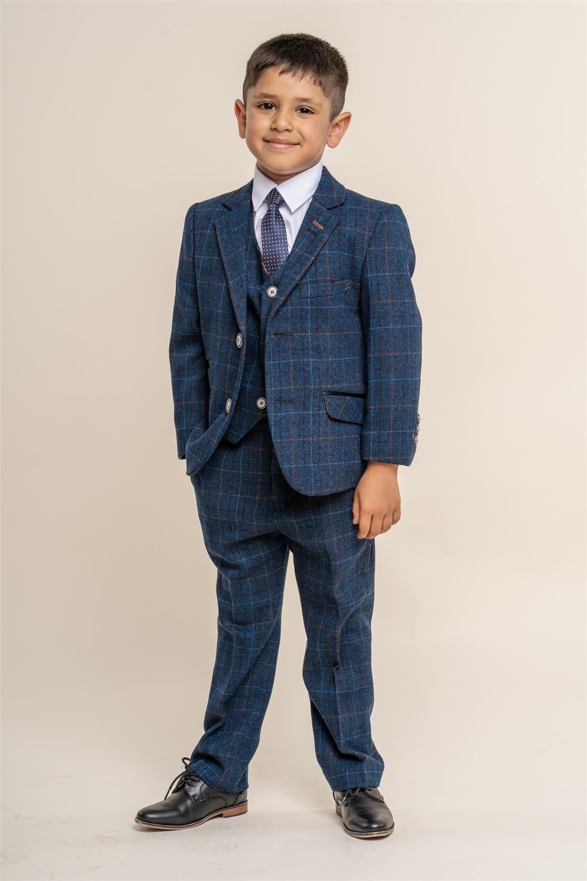 Boys Tweed Windowpane Check Suit - CODY Blue