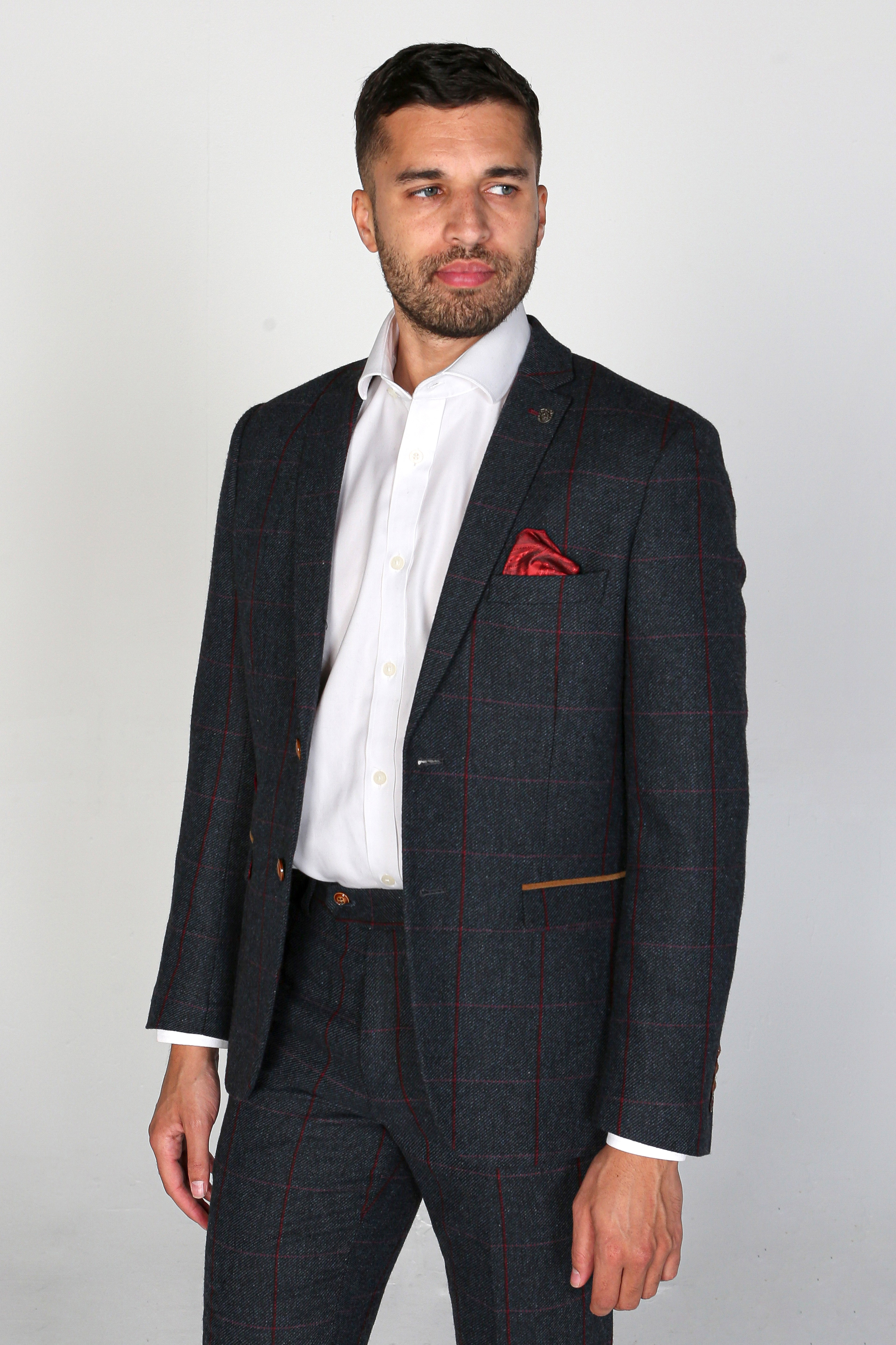 Men's Tweed Windowpane Check Tailored Fit Suit - MADRID  - Navy Blue