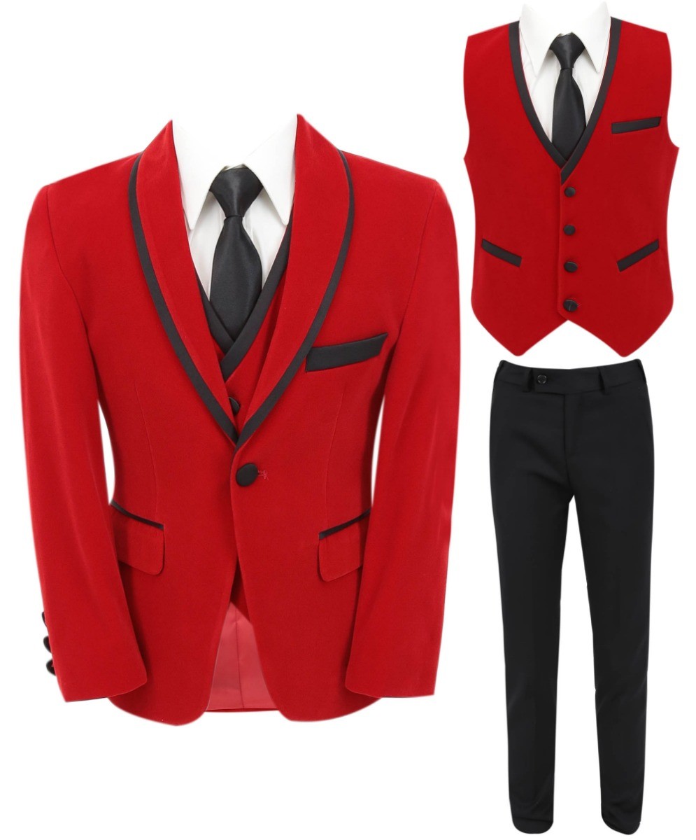 Boys Slim Fit Piping Velvet Tuxedo Suit - LONDON - Red