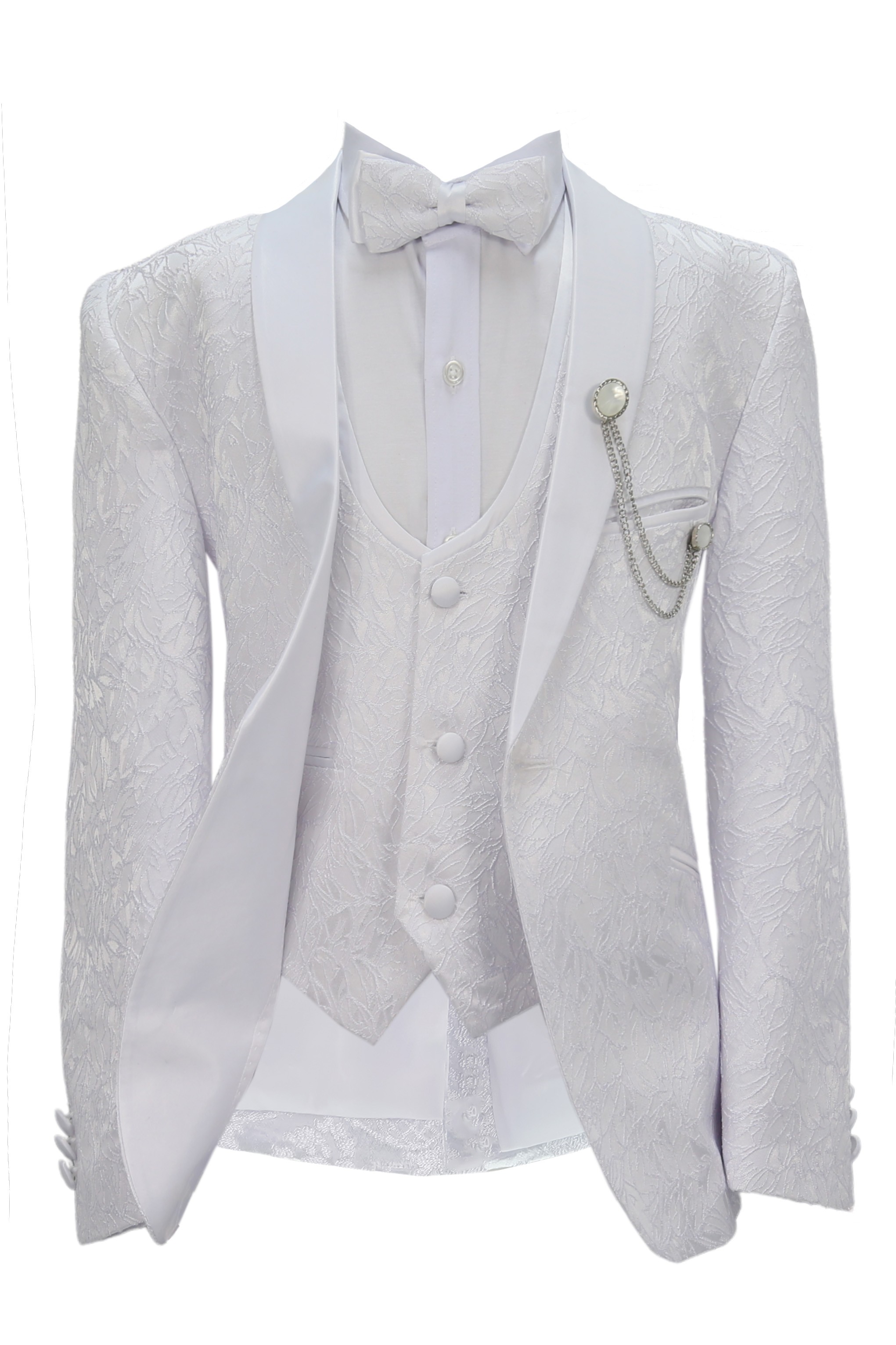 Boys’ 5 Piece White Floral Textured Communion Tuxedo Suit - White