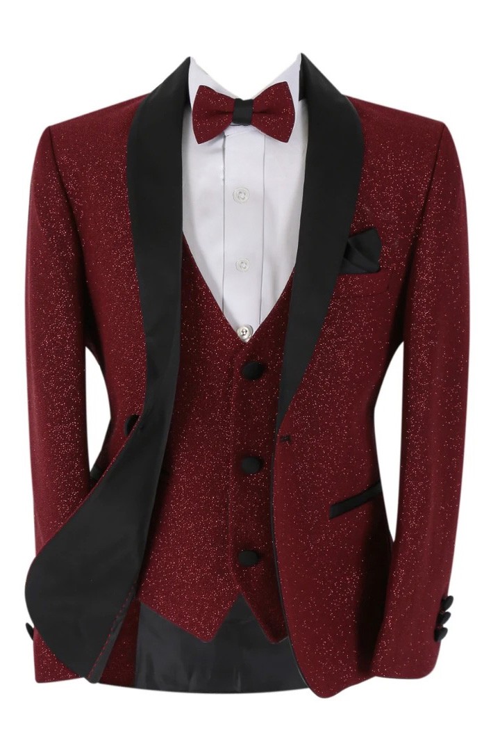 Boys Shimmer Tuxedo Dinner 6 Piece Suit Set - Burgundy