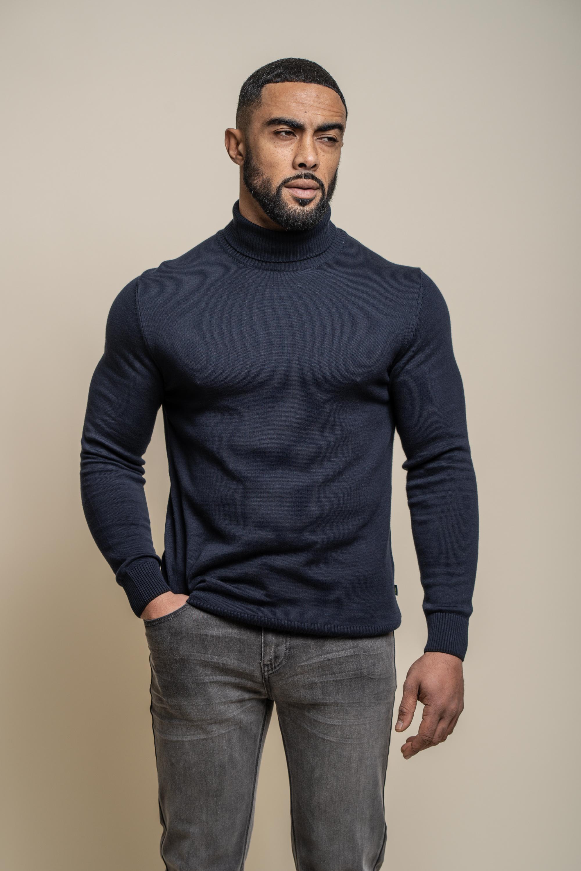 Men's Cotton Turtleneck Jumper - KARRIS - Navy Blue